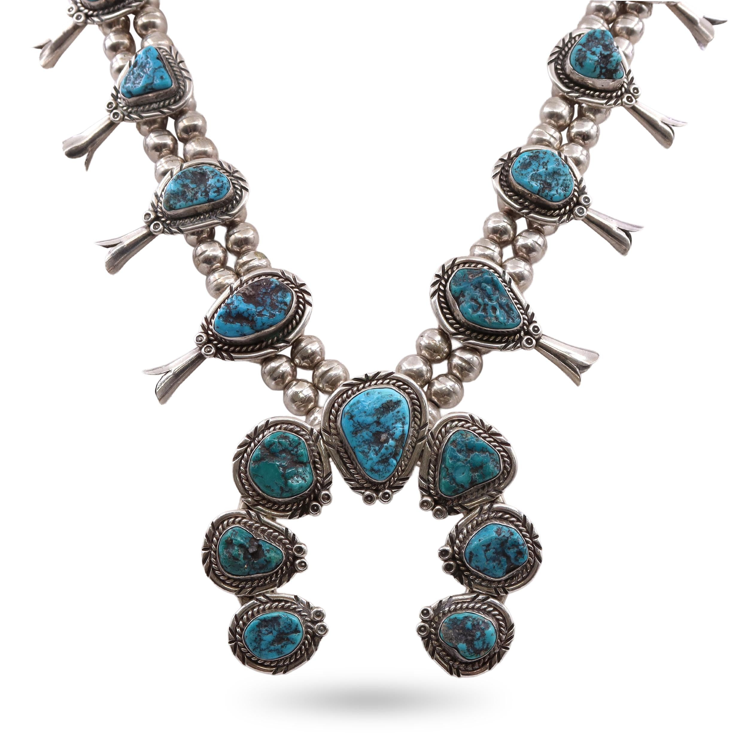 Vintage J.B.J. Navajo Turquoise Sterling Silver Squash Blossom Necklace