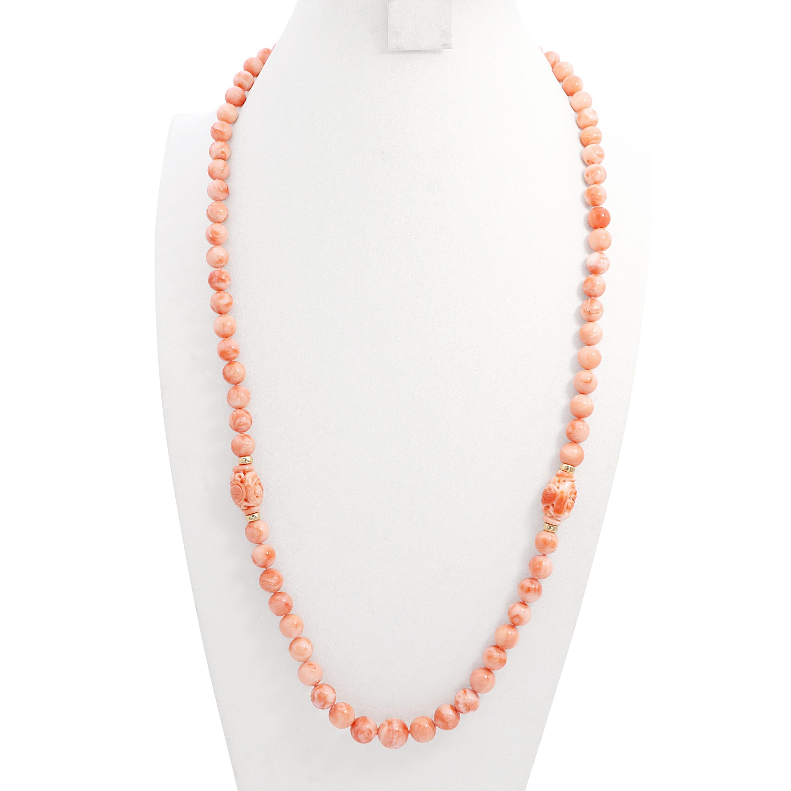 14k Yellow Gold Salmon Angel Skin Coral Beaded Necklace with Carved Accents