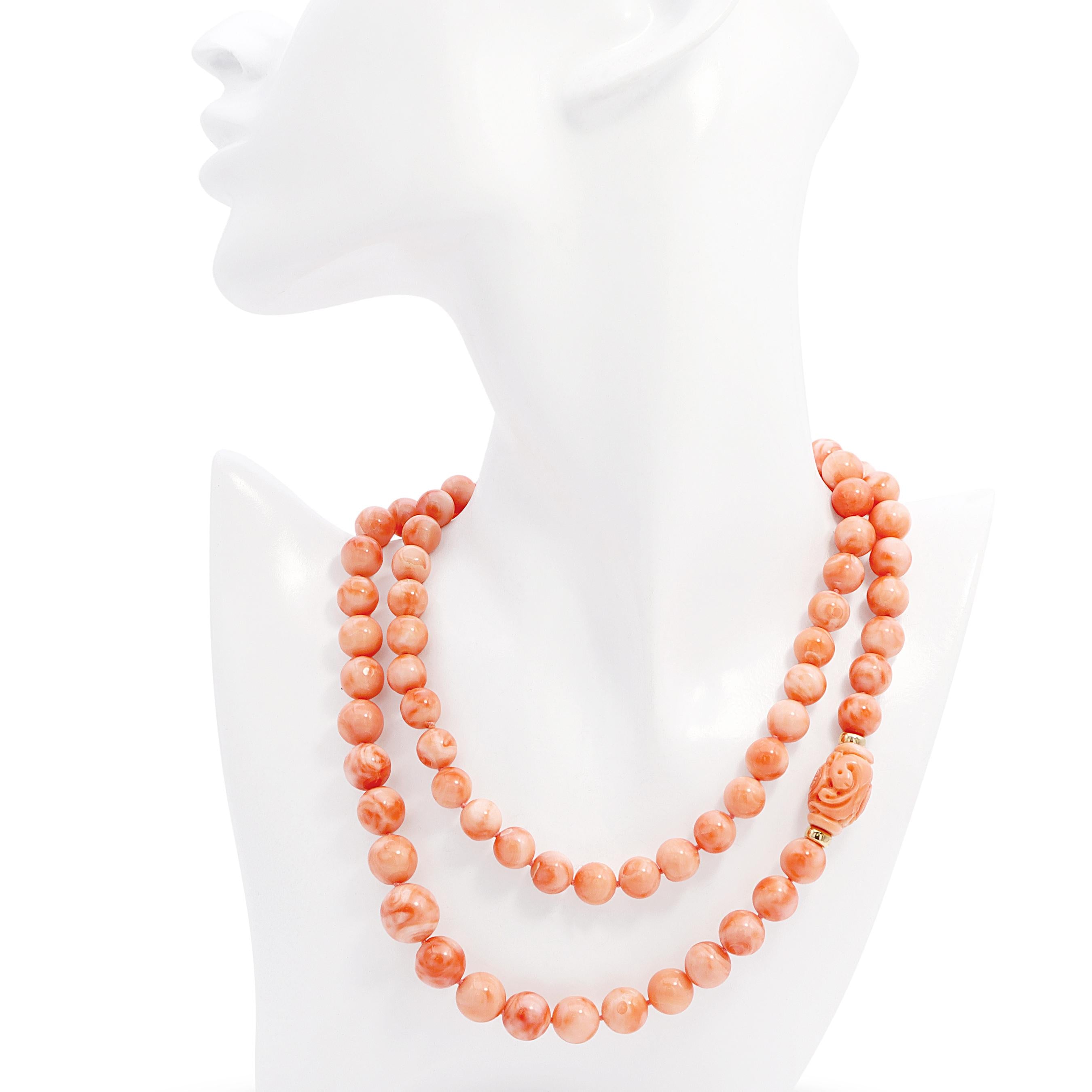 14k Yellow Gold Salmon Angel Skin Coral Beaded Necklace with Carved Accents