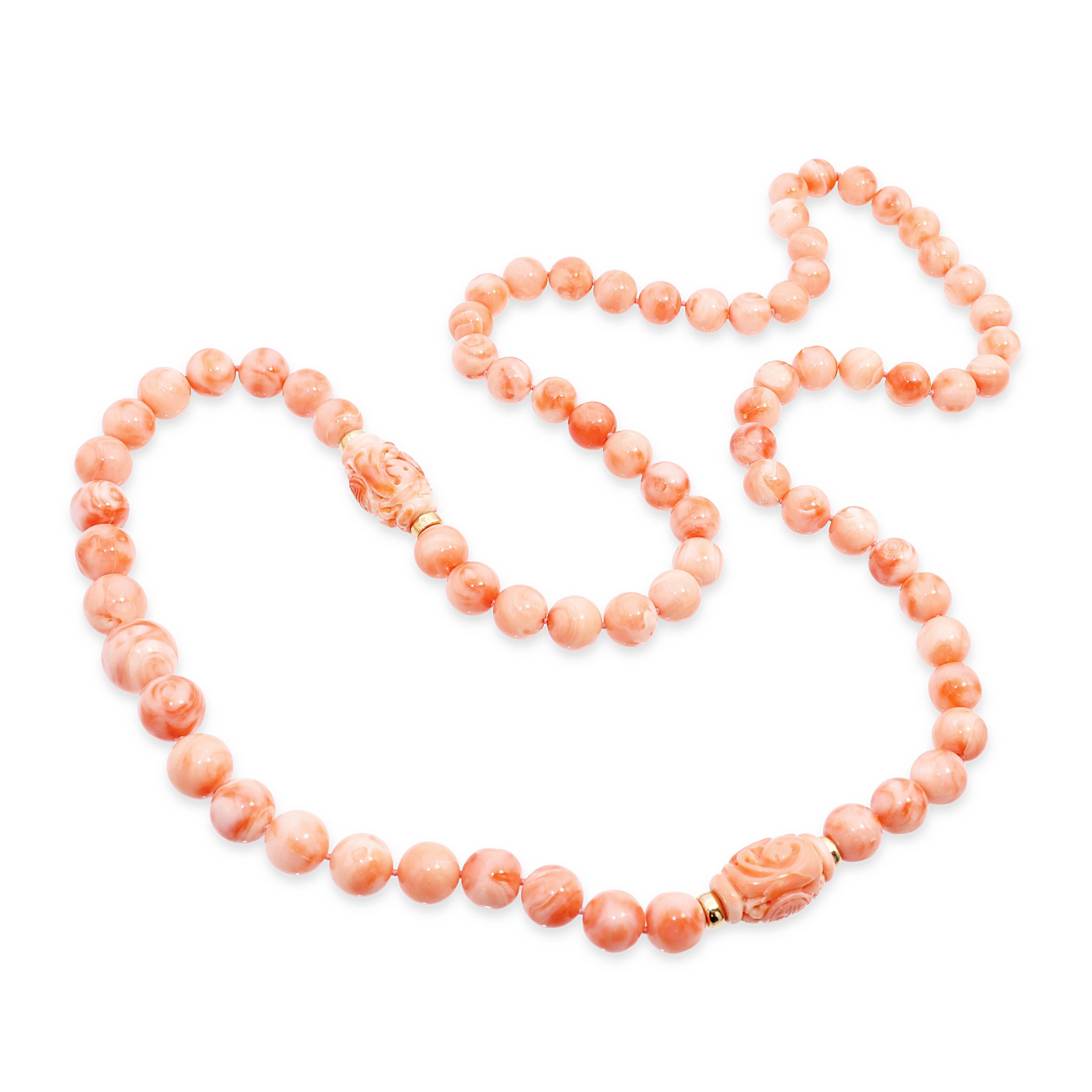14k Yellow Gold Salmon Angel Skin Coral Beaded Necklace with Carved Accents