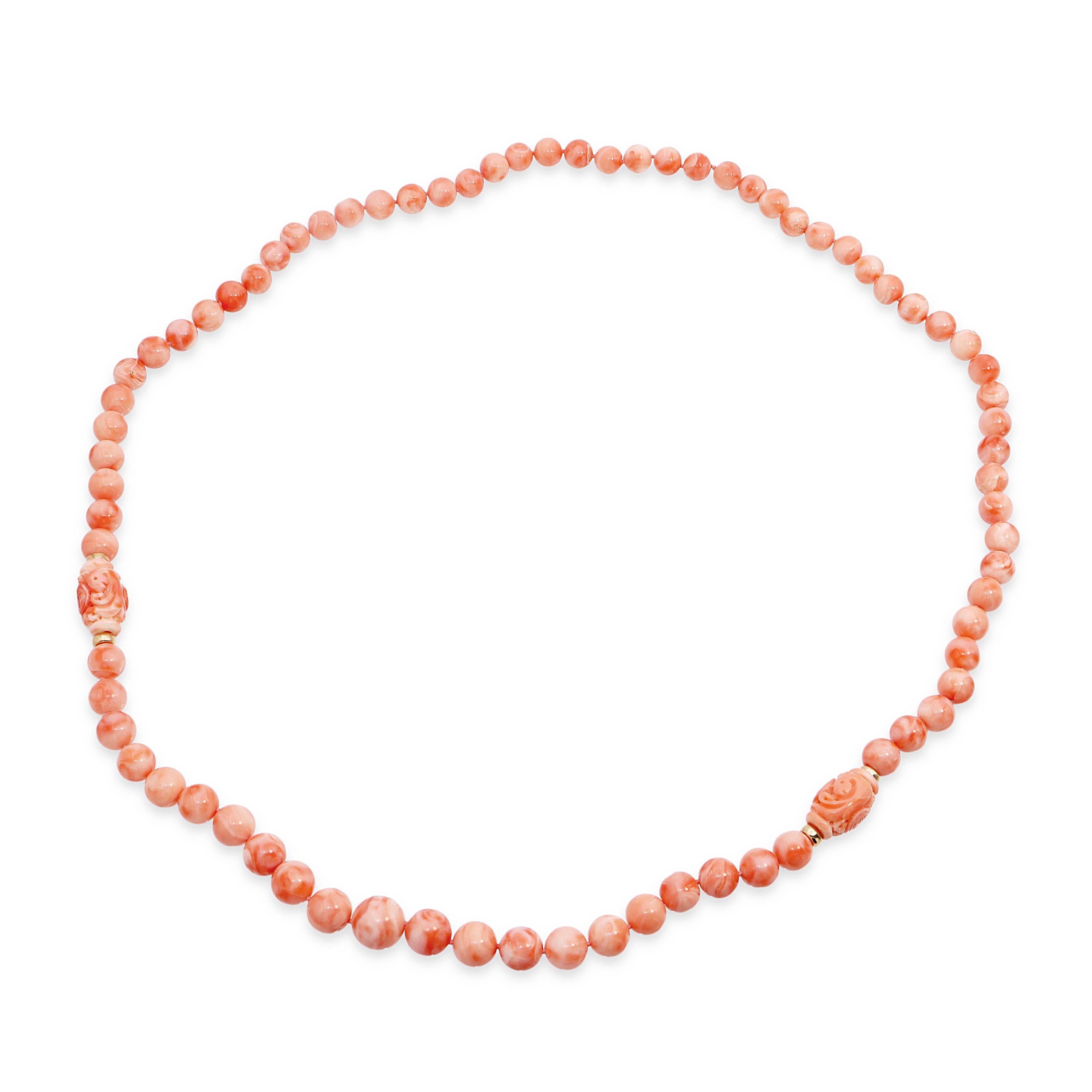 14k Yellow Gold Salmon Angel Skin Coral Beaded Necklace with Carved Accents