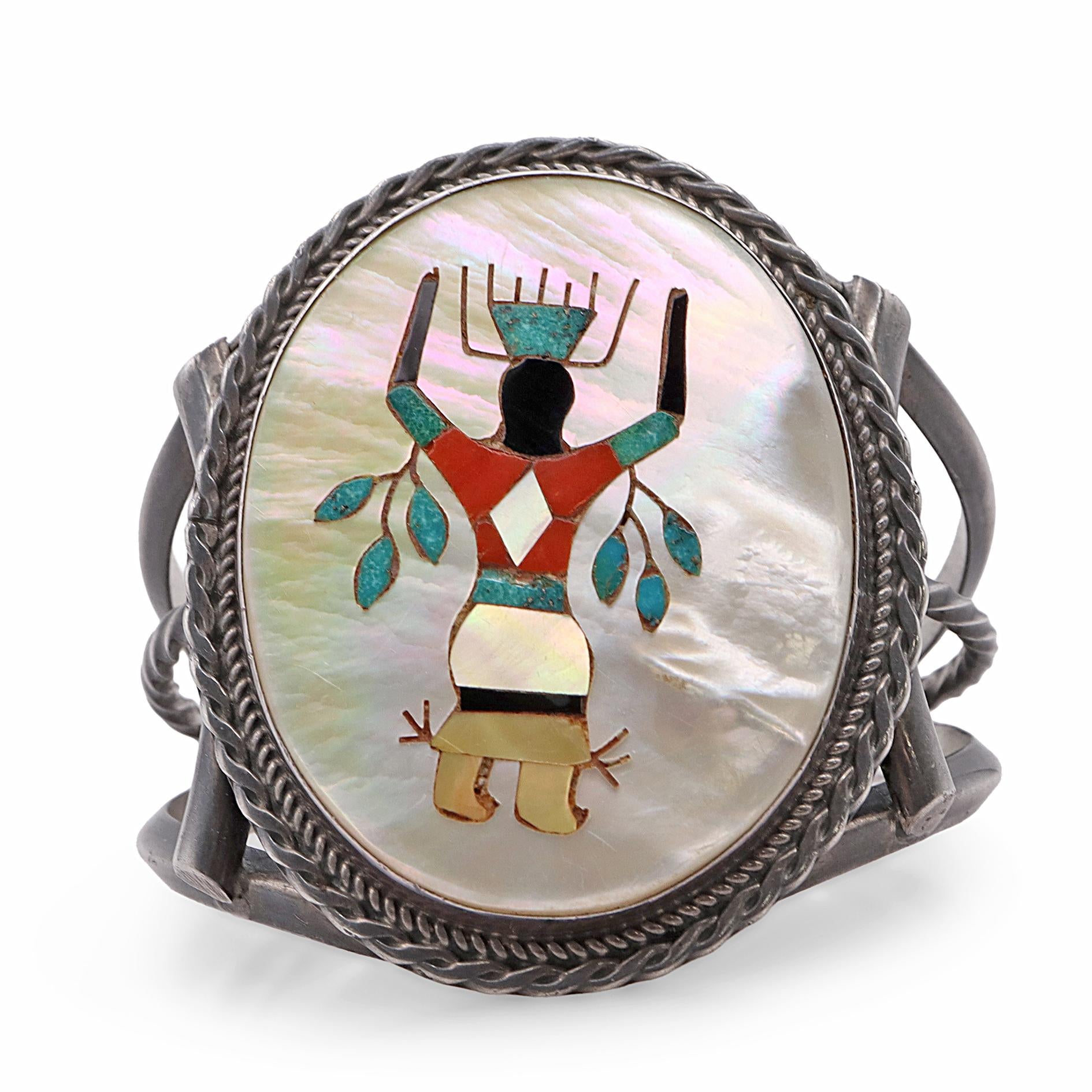 Vintage Southwestern Mother of Pearl Multistone Figural Inlay Cuff