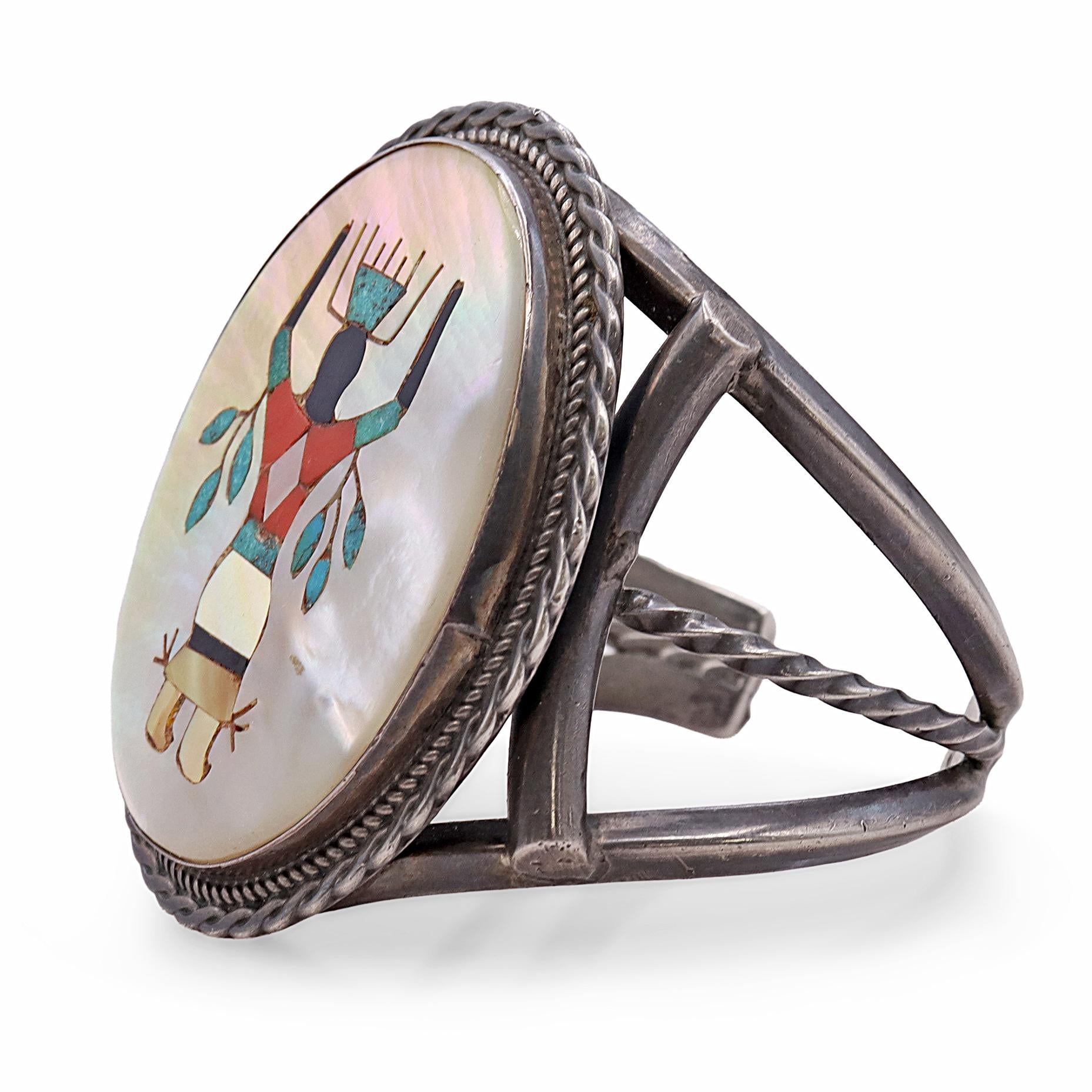 Vintage Southwestern Mother of Pearl Multistone Figural Inlay Cuff