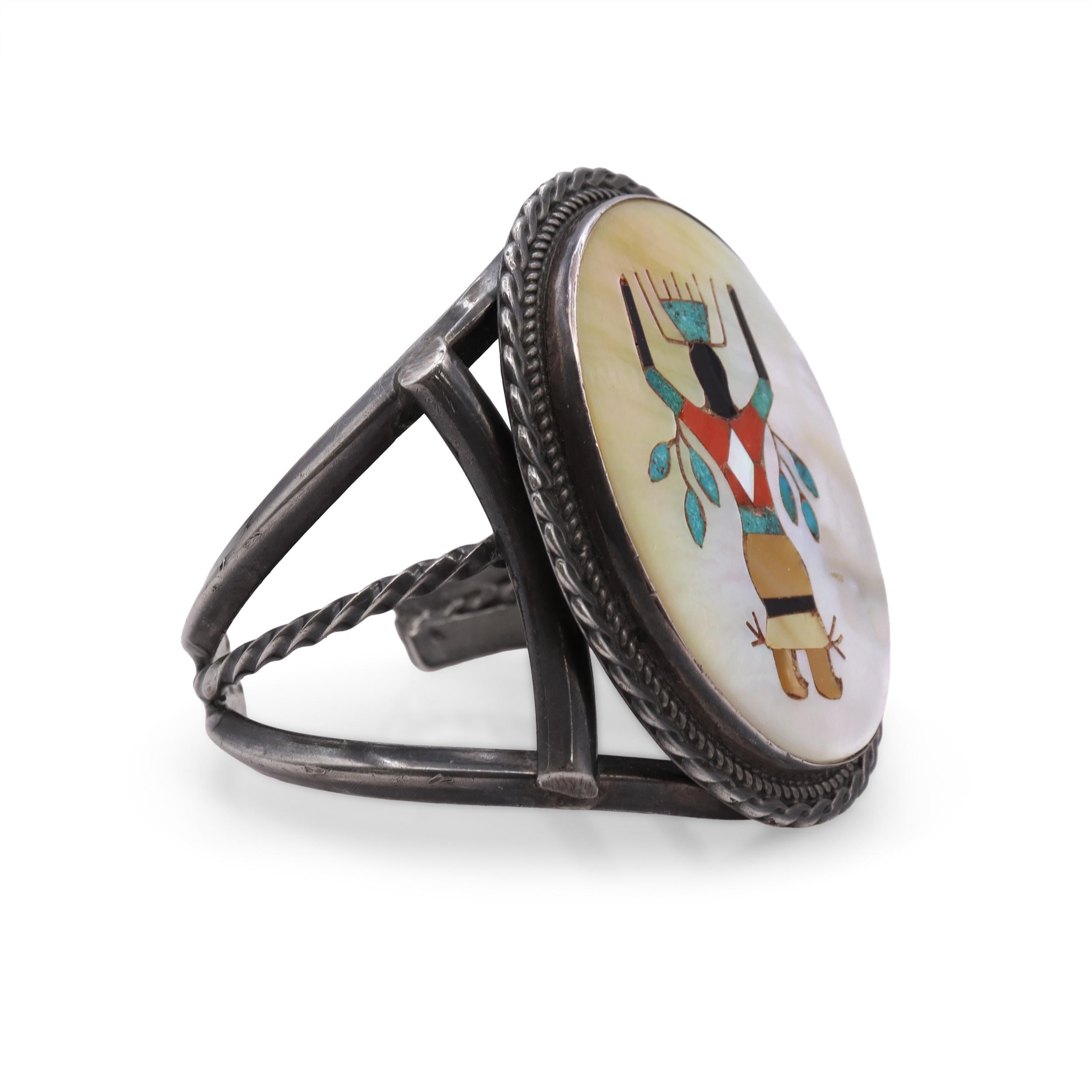 Vintage Southwestern Mother of Pearl Multistone Figural Inlay Cuff