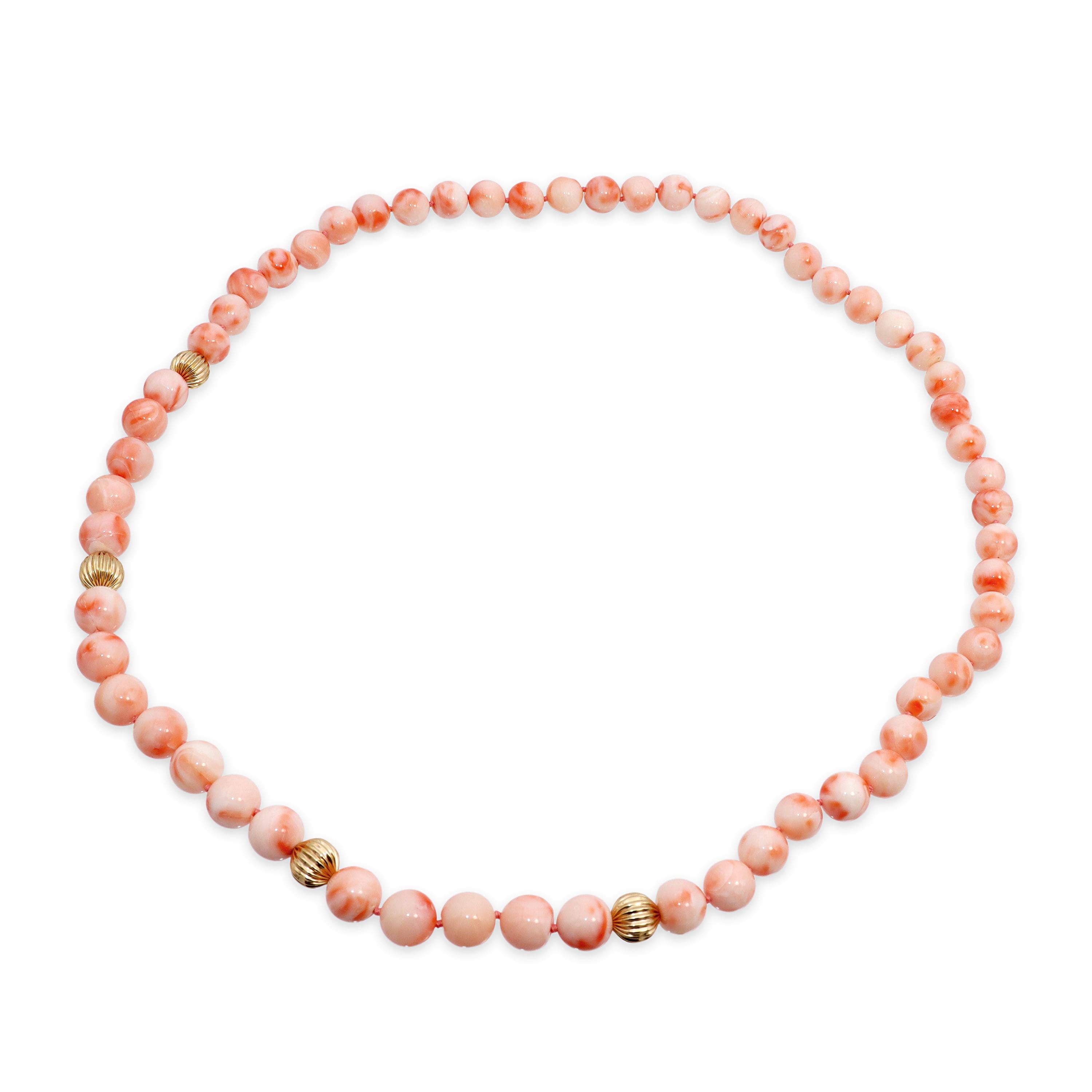 14k Yellow Gold Angel Skin Coral Beaded Strand Necklace