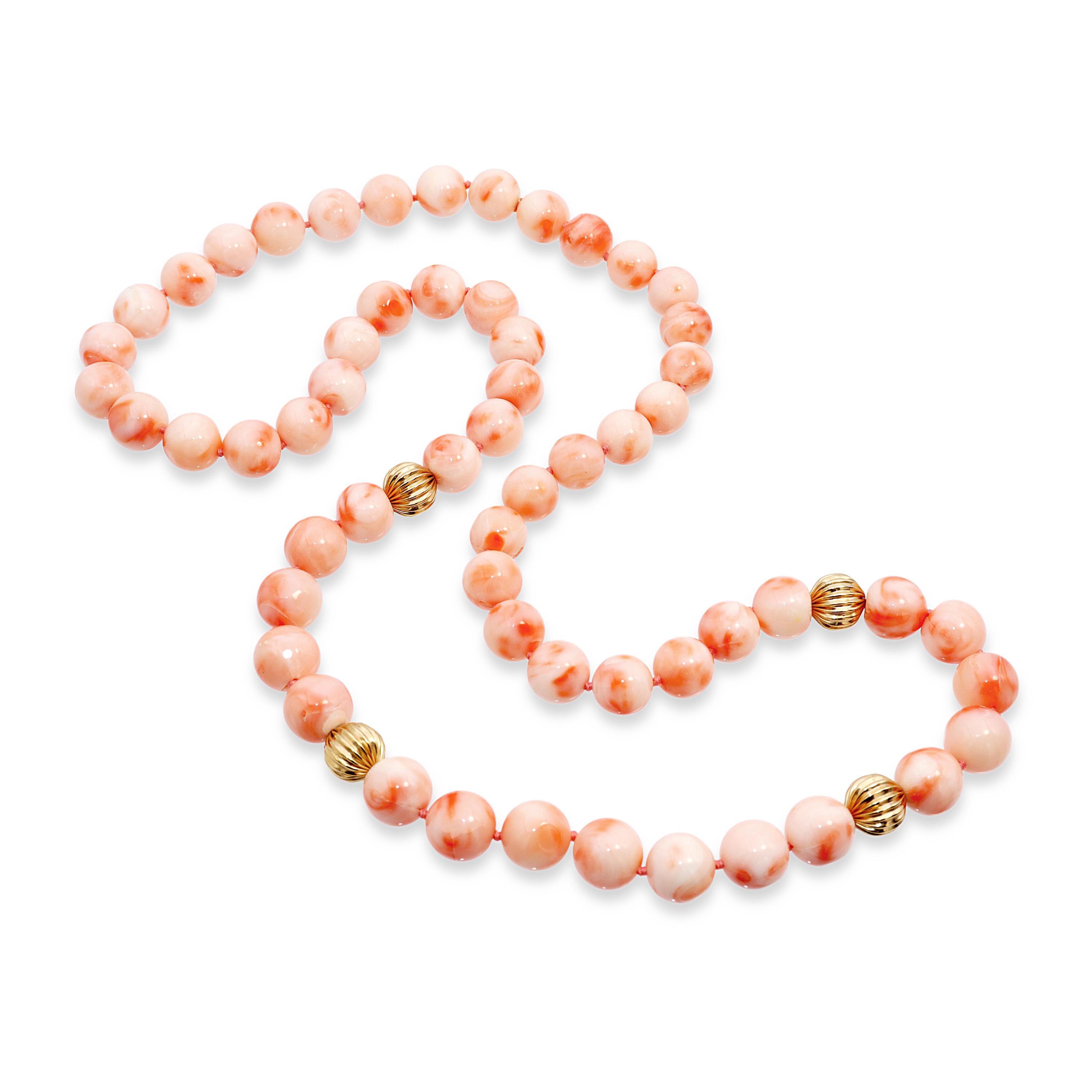14k Yellow Gold Angel Skin Coral Beaded Strand Necklace