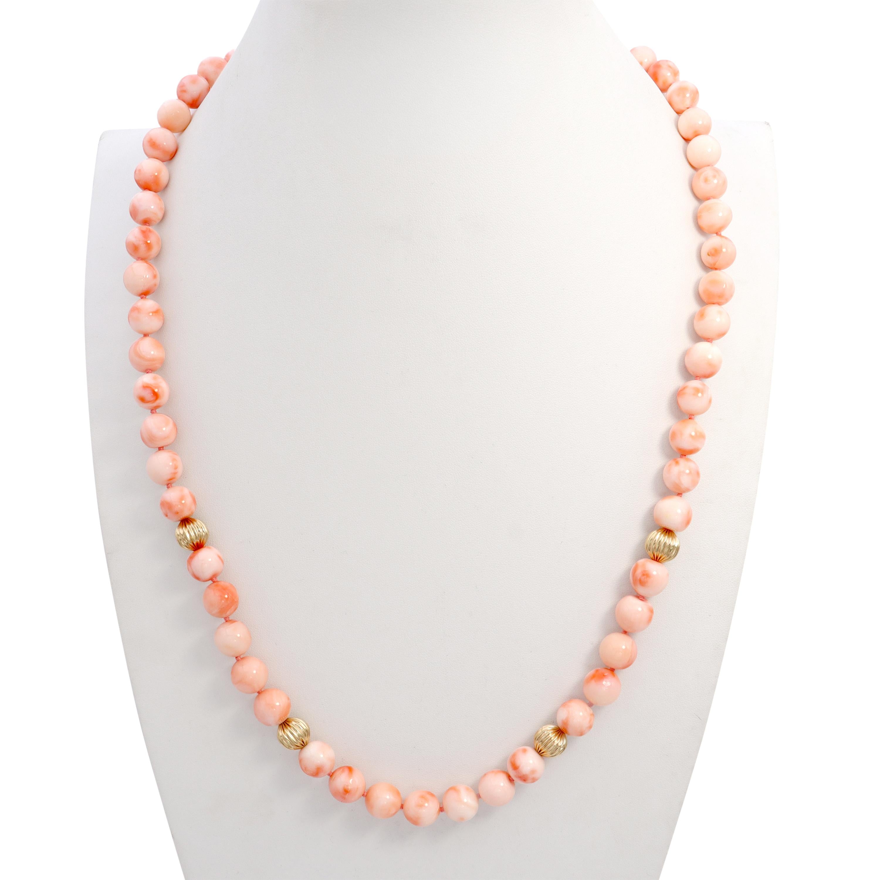 14k Yellow Gold Angel Skin Coral Beaded Strand Necklace