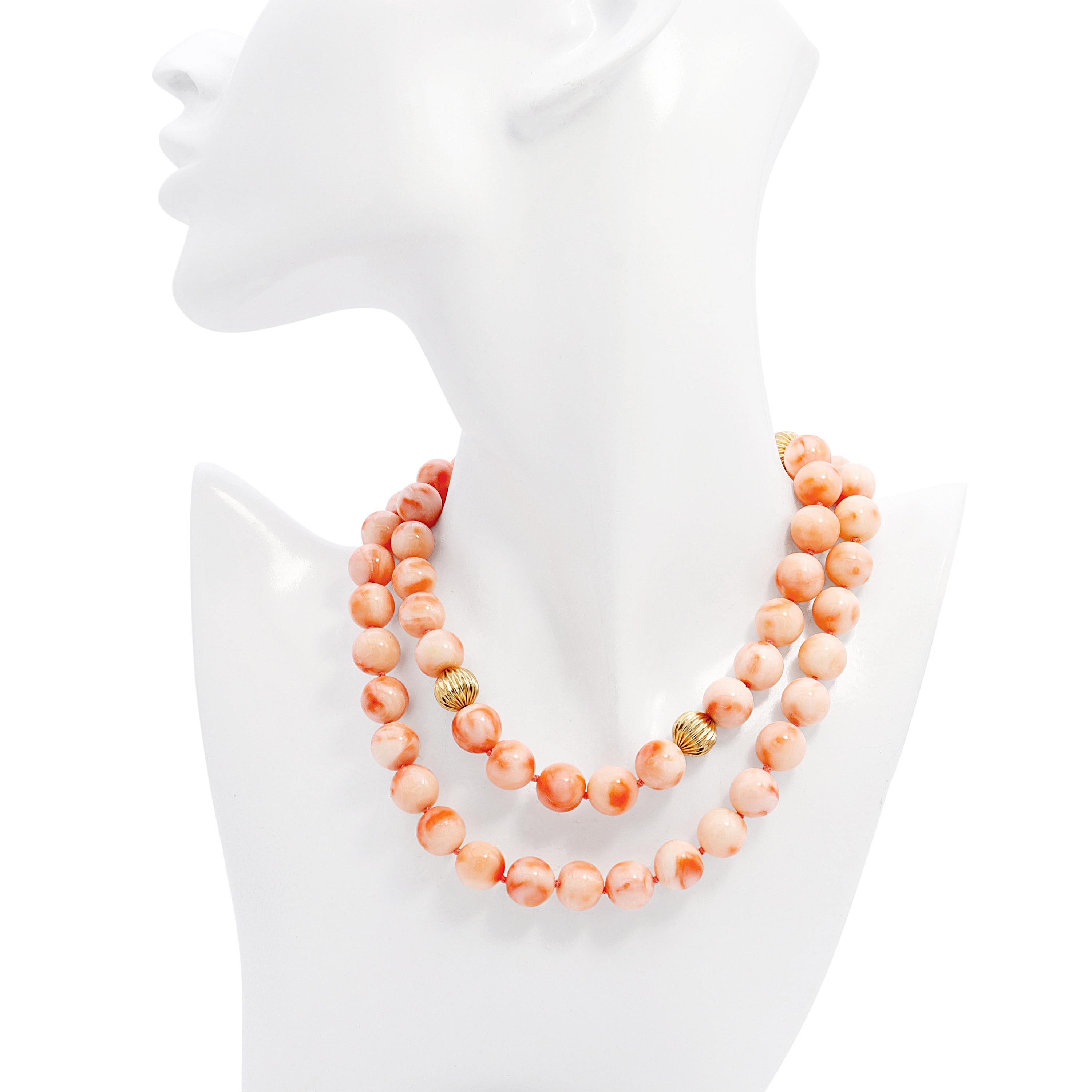 14k Yellow Gold Angel Skin Coral Beaded Strand Necklace