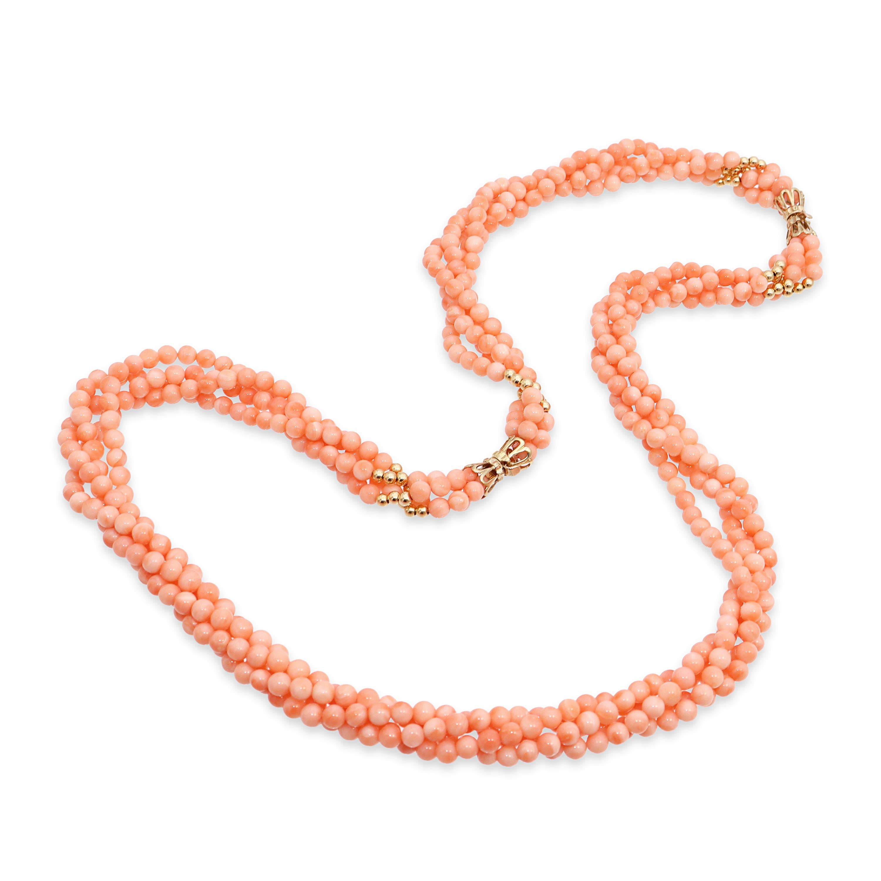 14k Yellow Gold Salmon Coral Multi-Strand Convertible Necklace & Bracelet Set