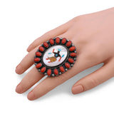 Vintage J. Duboise Sterling Silver Coral and Multistone Inlay Statement Ring