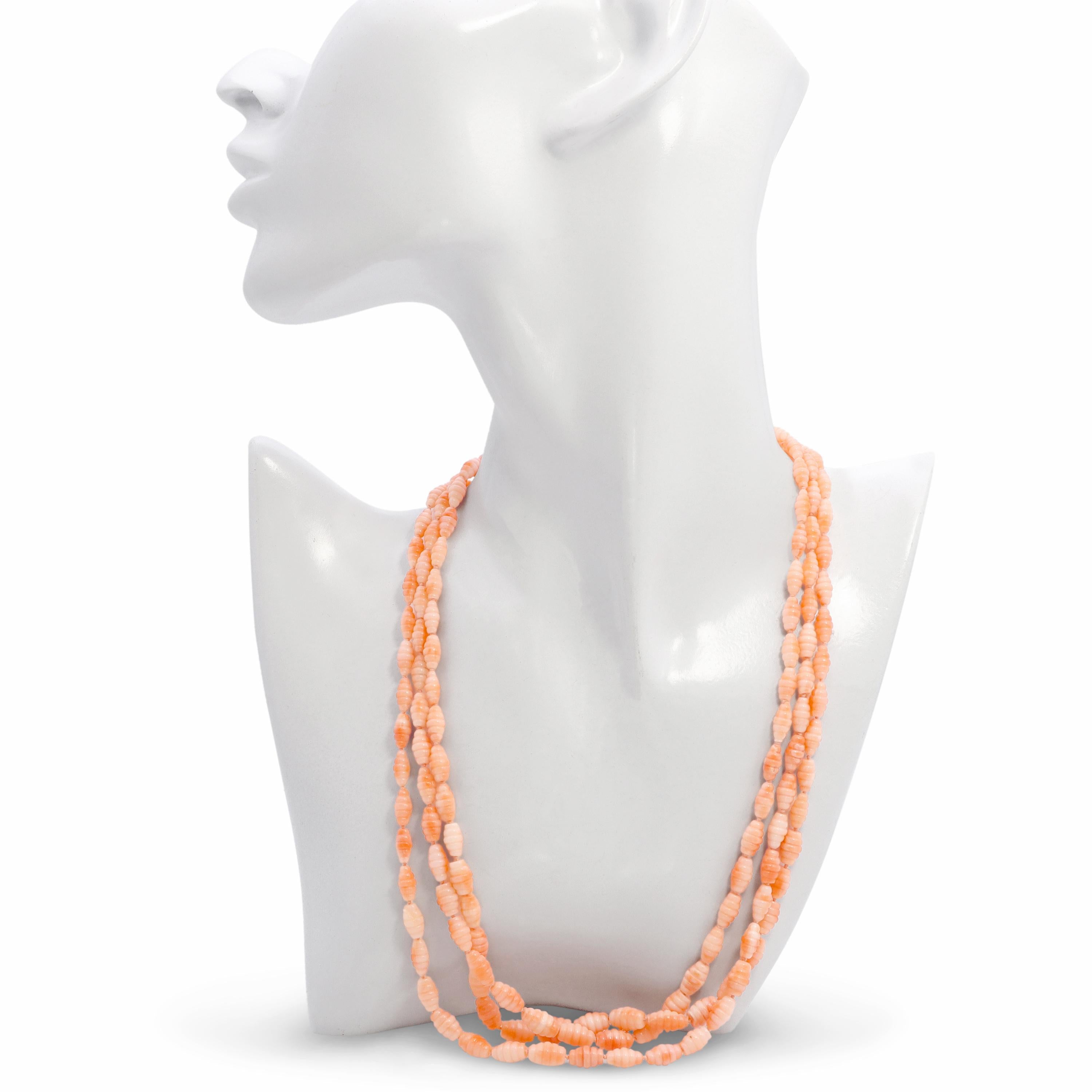 14k Yellow Gold Salmon Coral Triple-Strand Ribbed Bead Necklace