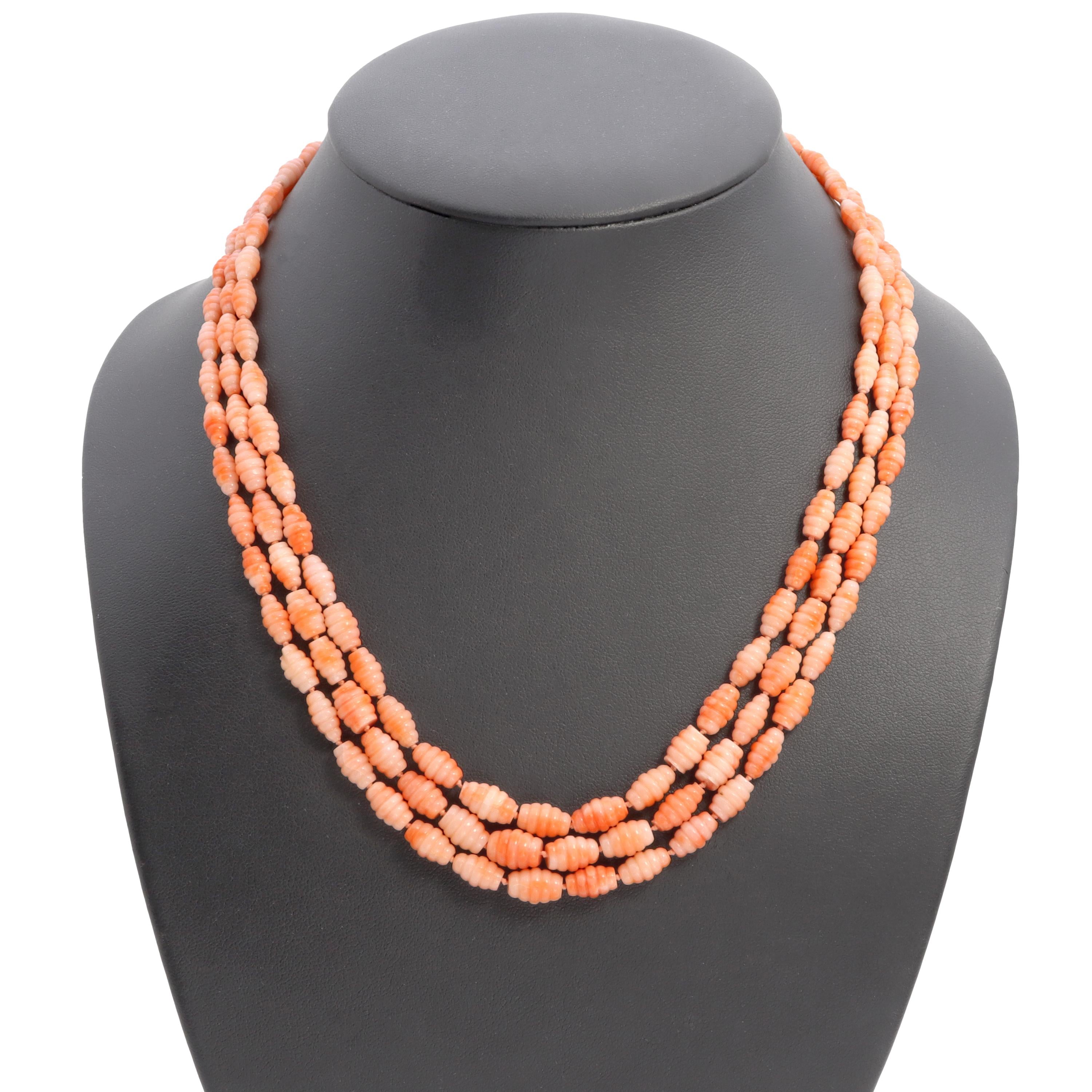 14k Yellow Gold Salmon Coral Triple-Strand Ribbed Bead Necklace
