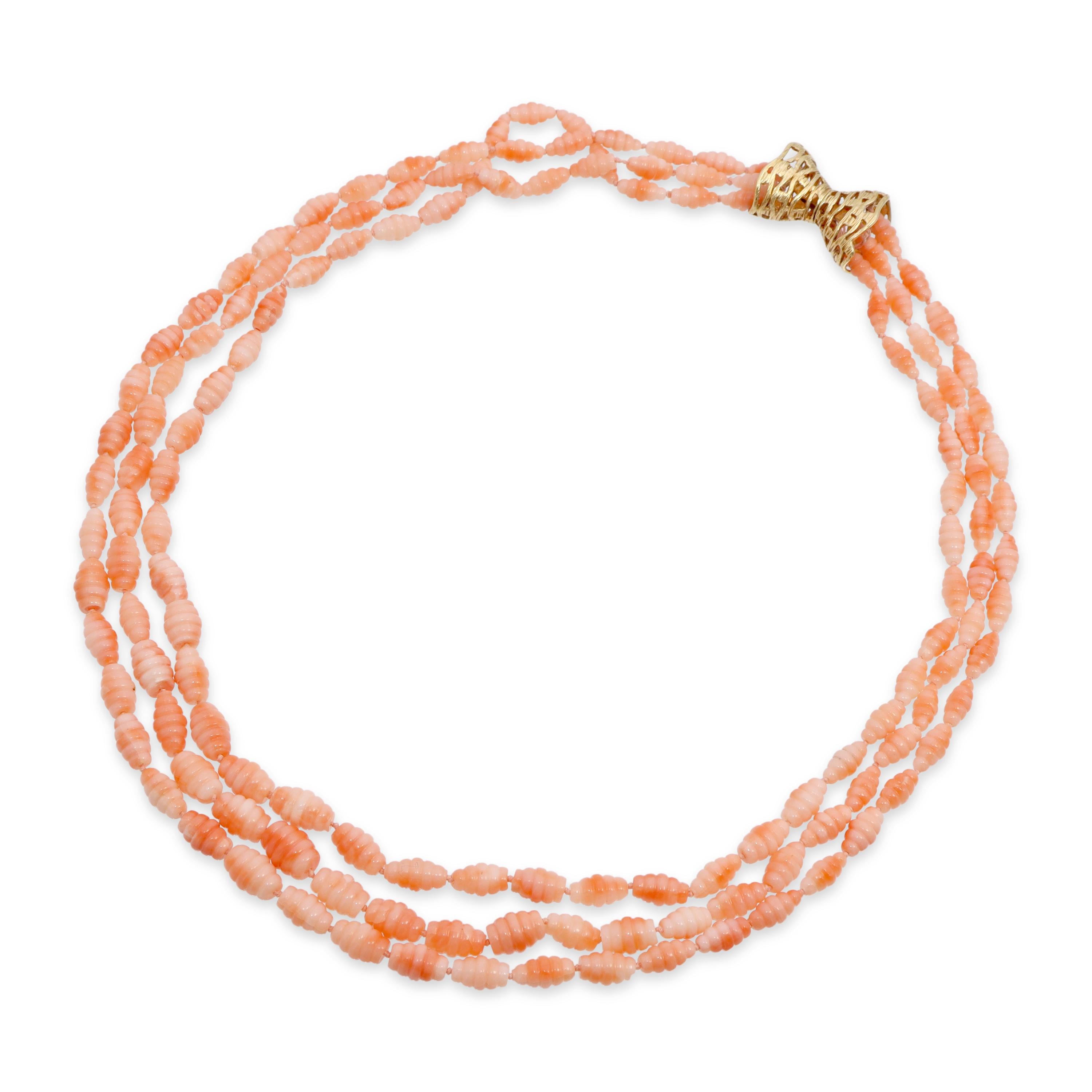 14k Yellow Gold Salmon Coral Triple-Strand Ribbed Bead Necklace