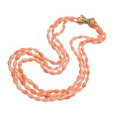 14k Yellow Gold Salmon Coral Triple-Strand Ribbed Bead Necklace