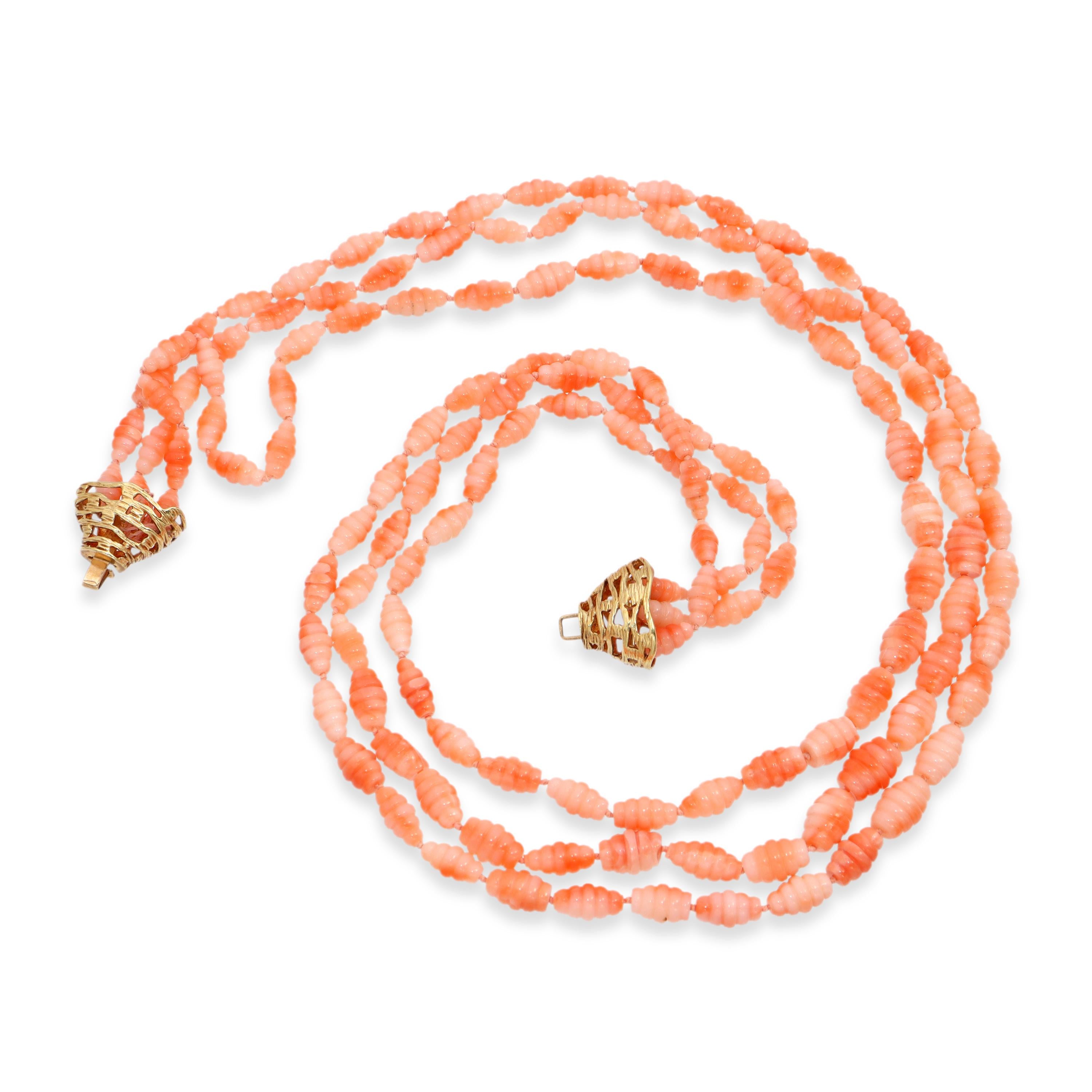 14k Yellow Gold Salmon Coral Triple-Strand Ribbed Bead Necklace