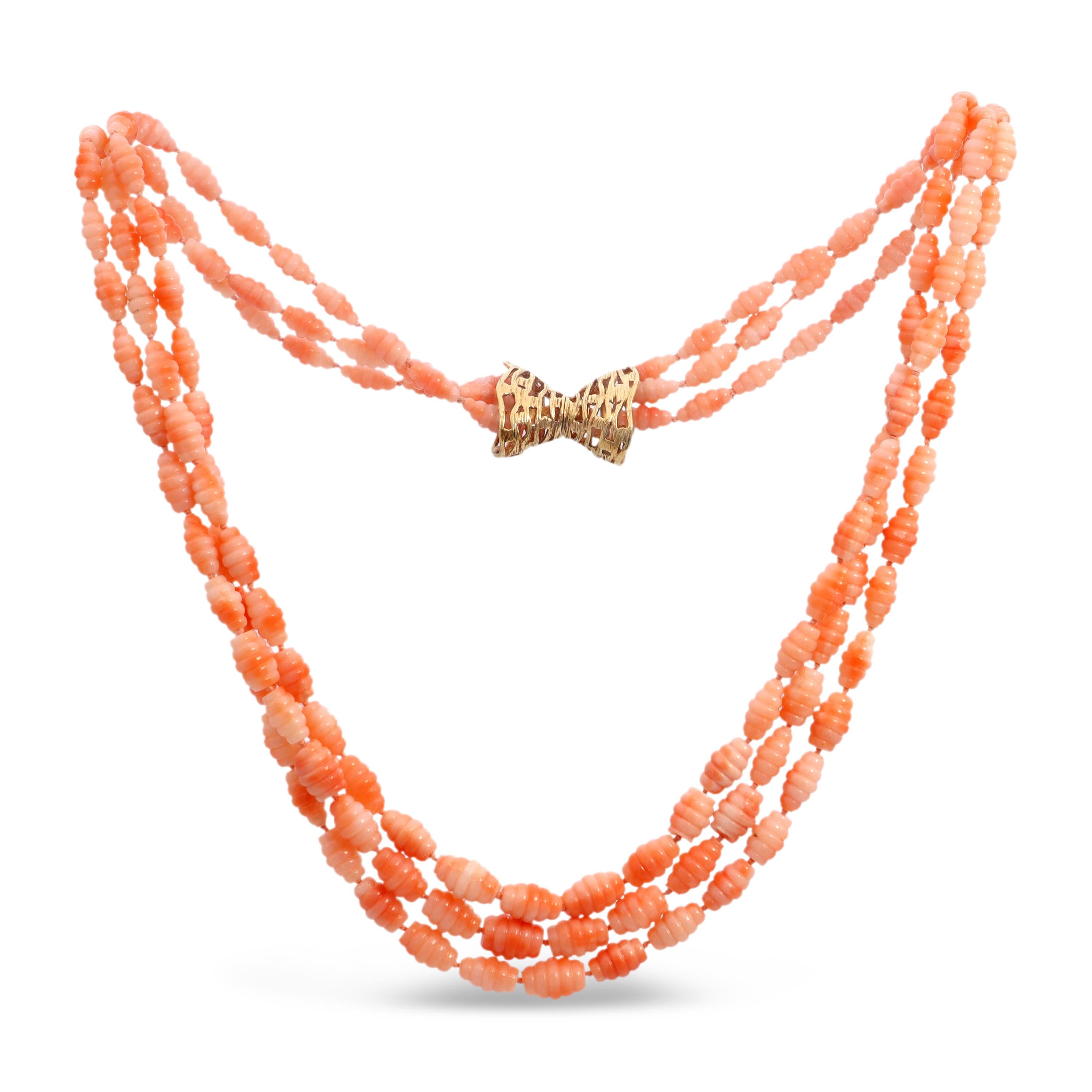 14k Yellow Gold Salmon Coral Triple-Strand Ribbed Bead Necklace