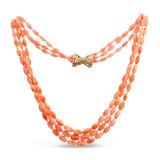 14k Yellow Gold Salmon Coral Triple-Strand Ribbed Bead Necklace