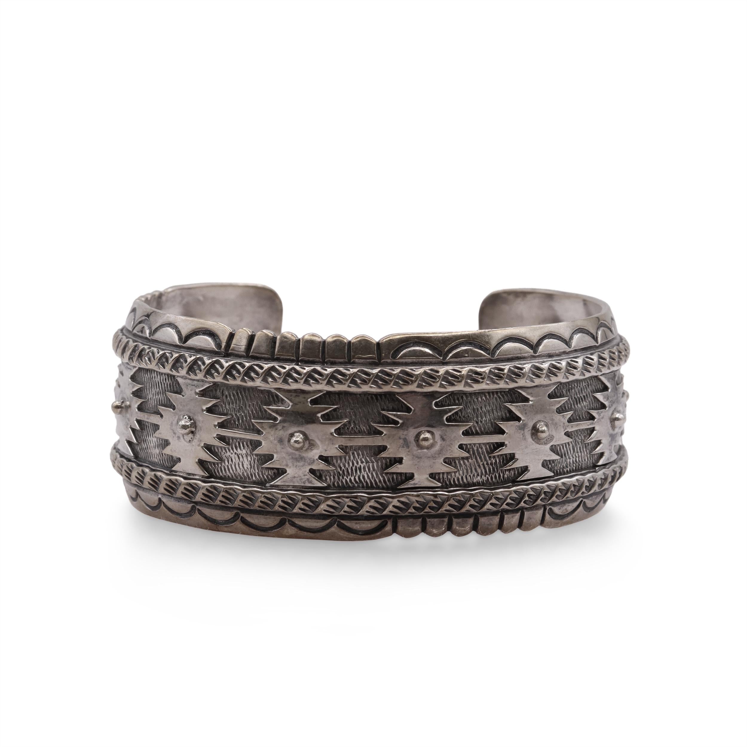 Southwestern Artist Signed Sterling Silver Geometric Cuff Bracelet