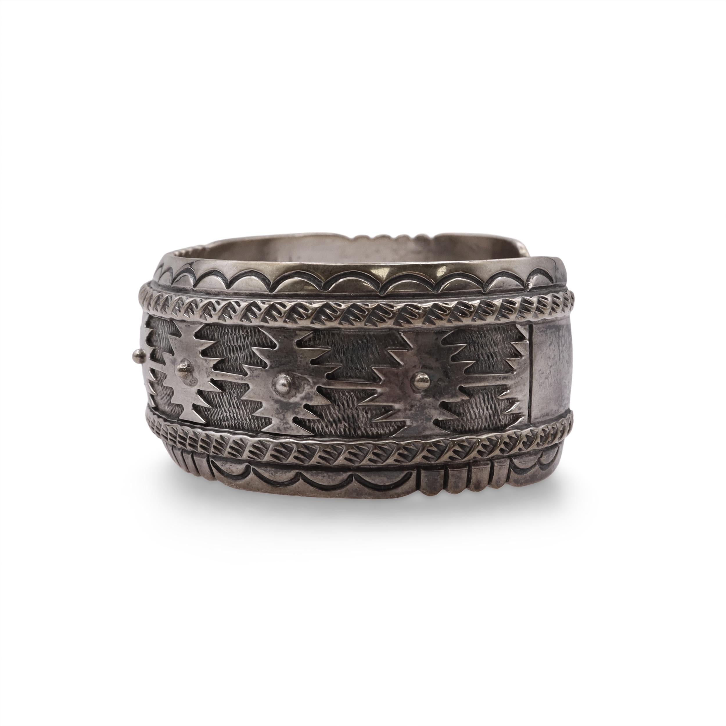 Southwestern Artist Signed Sterling Silver Geometric Cuff Bracelet