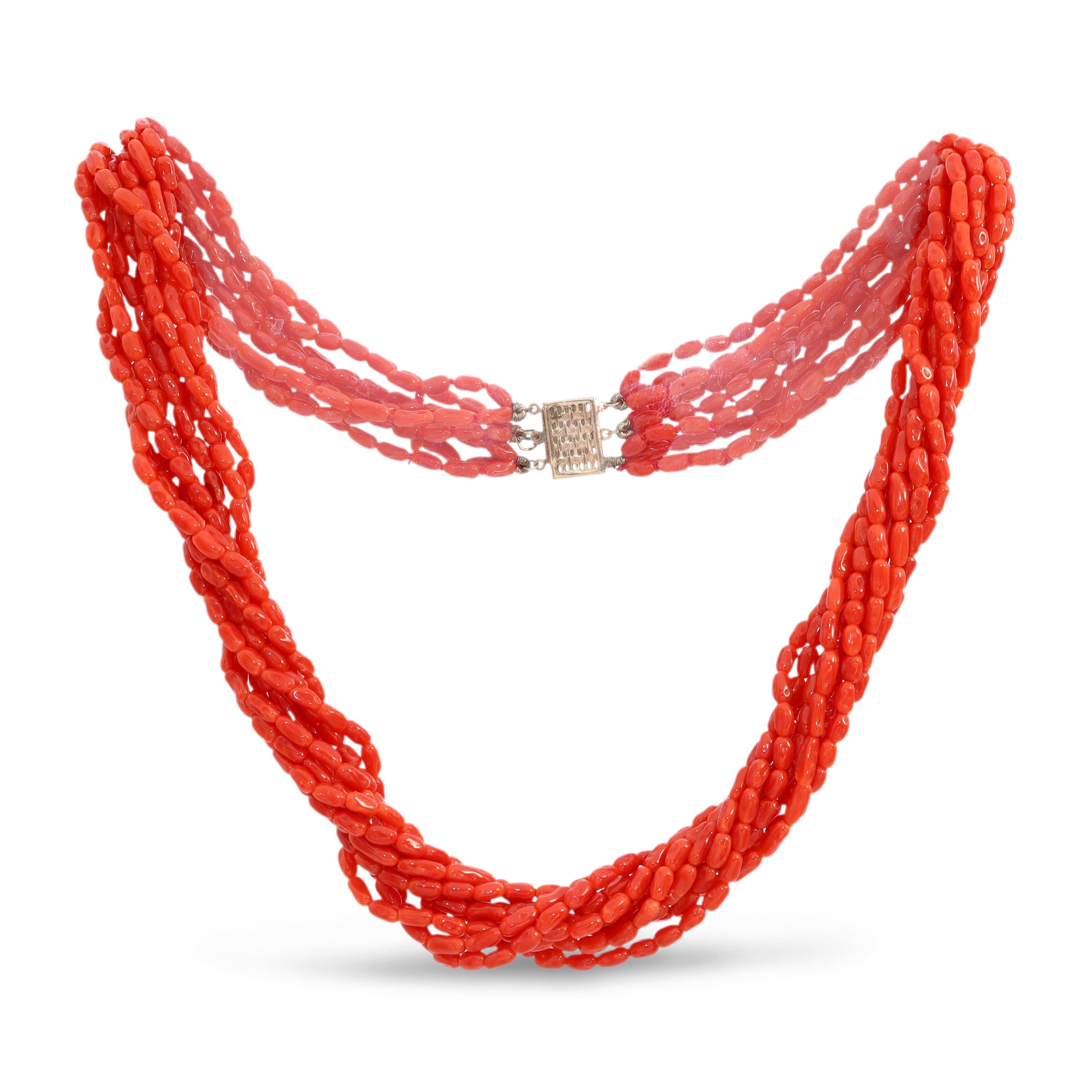 14k Yellow Gold Red Coral Multi-Strand Beaded Necklace