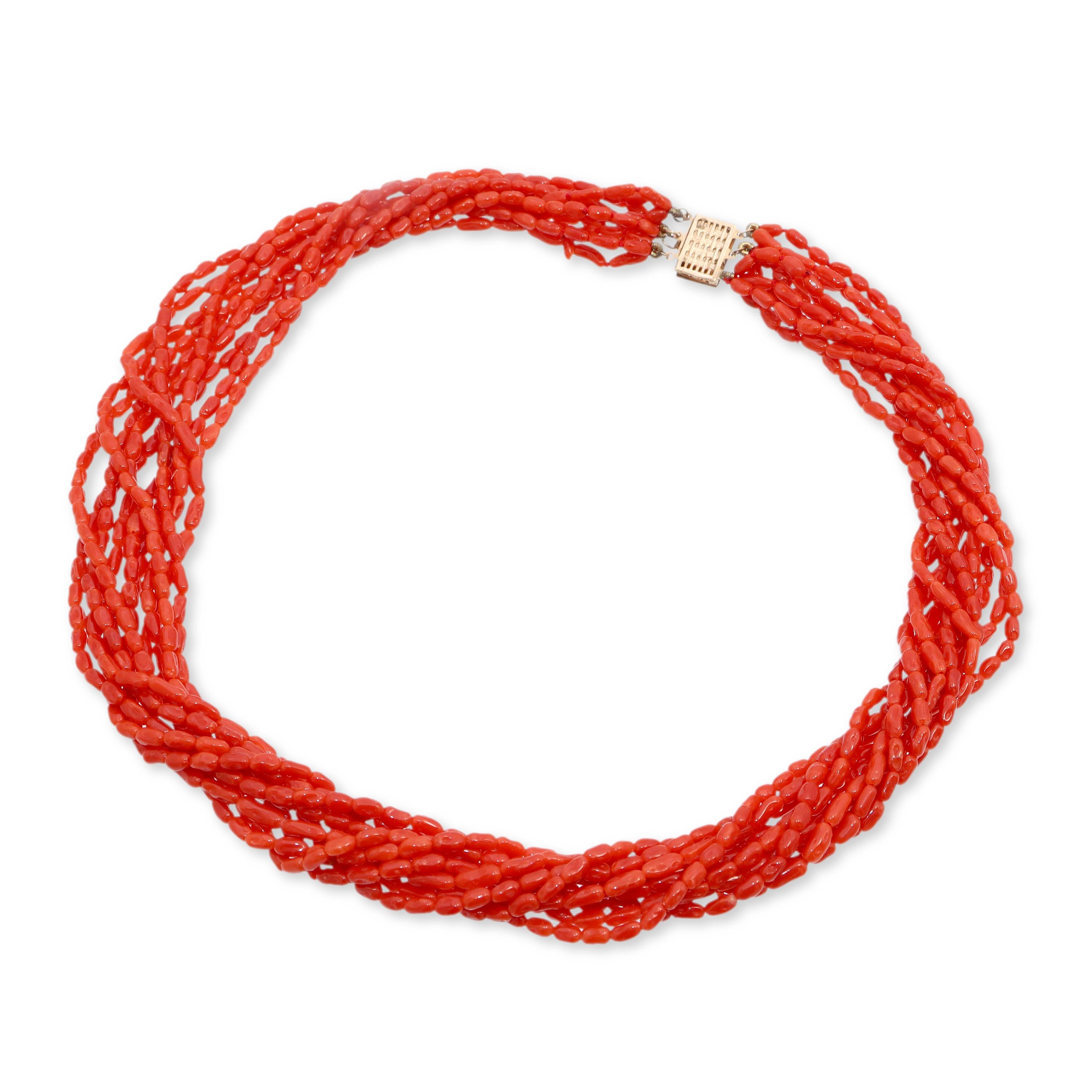14k Yellow Gold Red Coral Multi-Strand Beaded Necklace