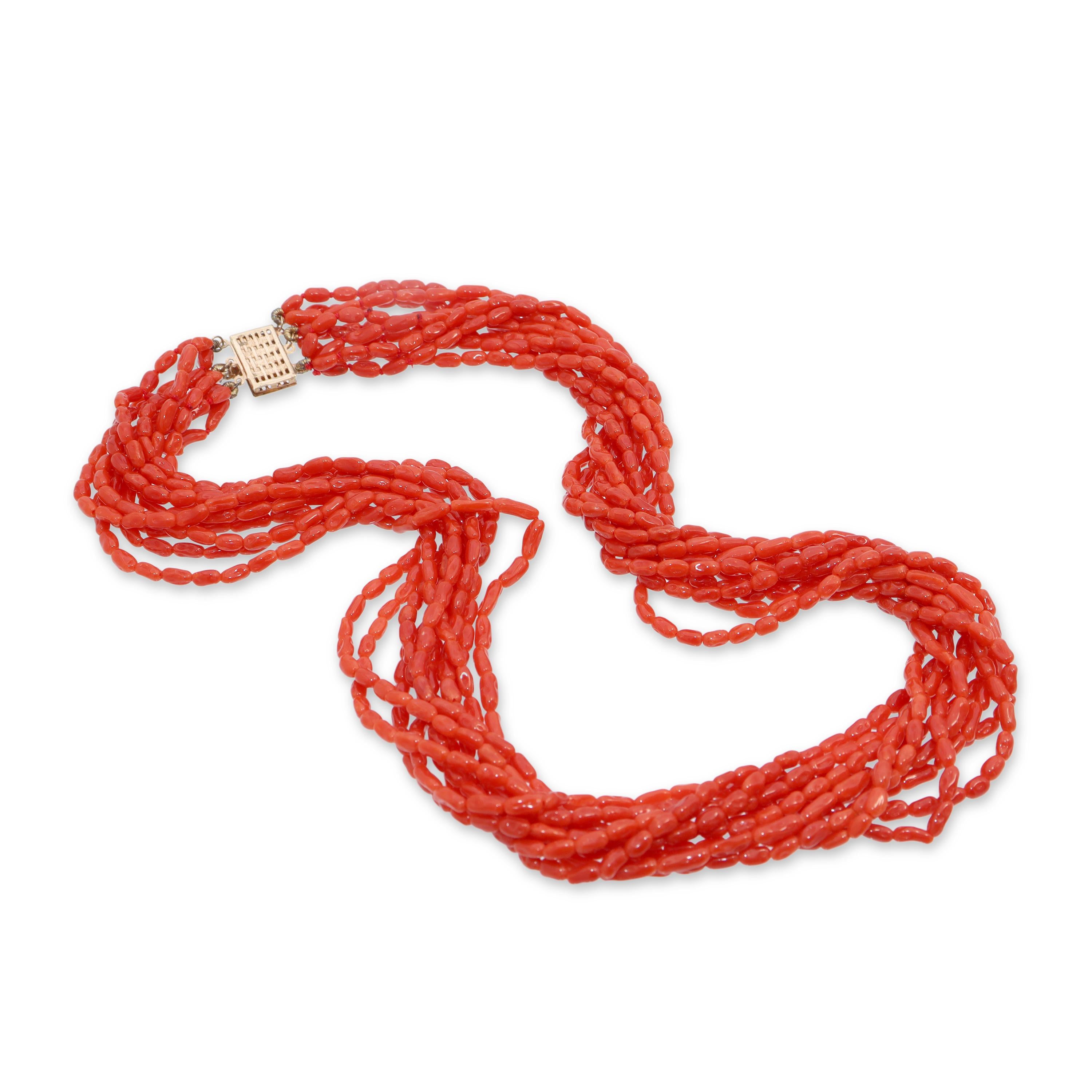 14k Yellow Gold Red Coral Multi-Strand Beaded Necklace