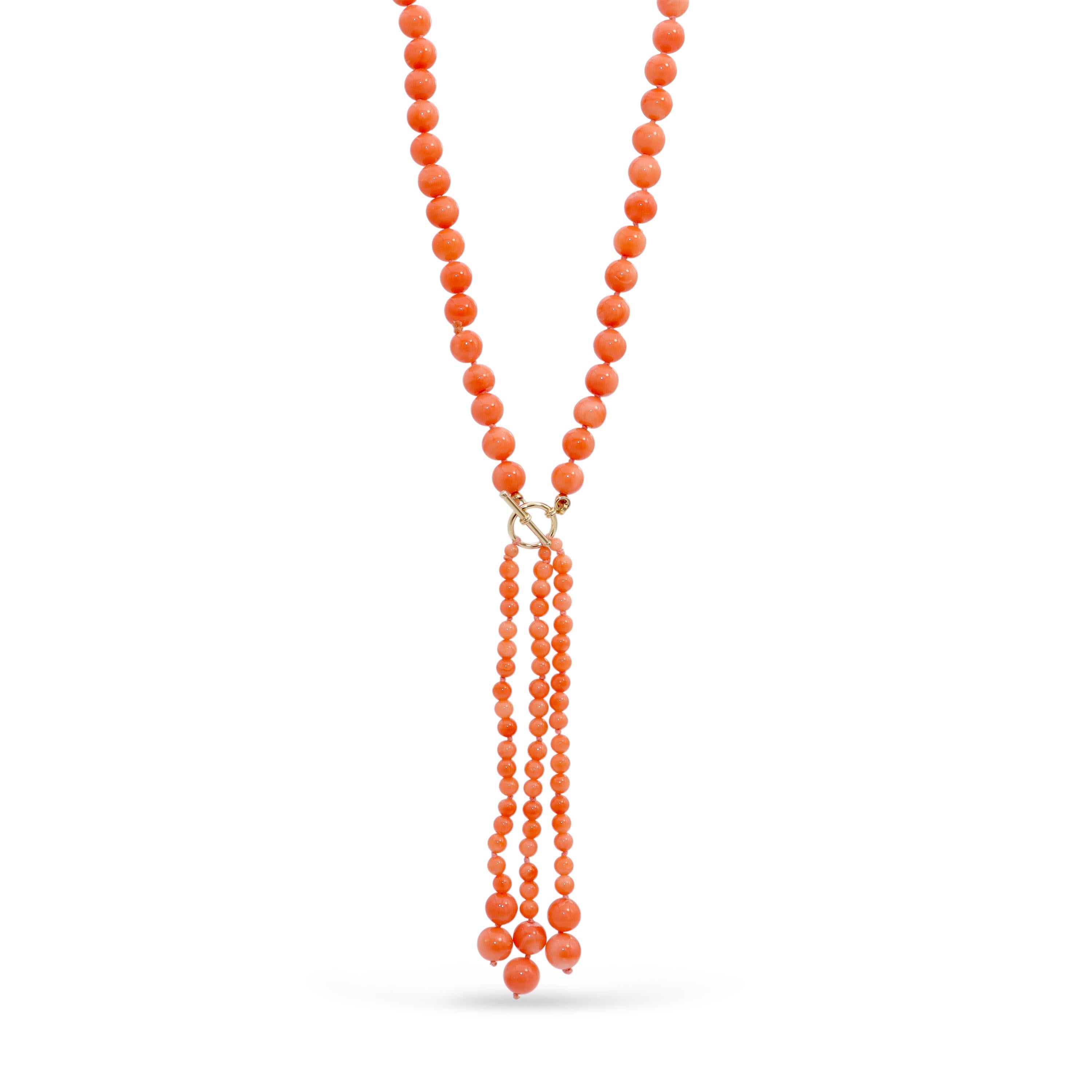 14k Yellow Gold Salmon Coral Beaded Tassel Necklace