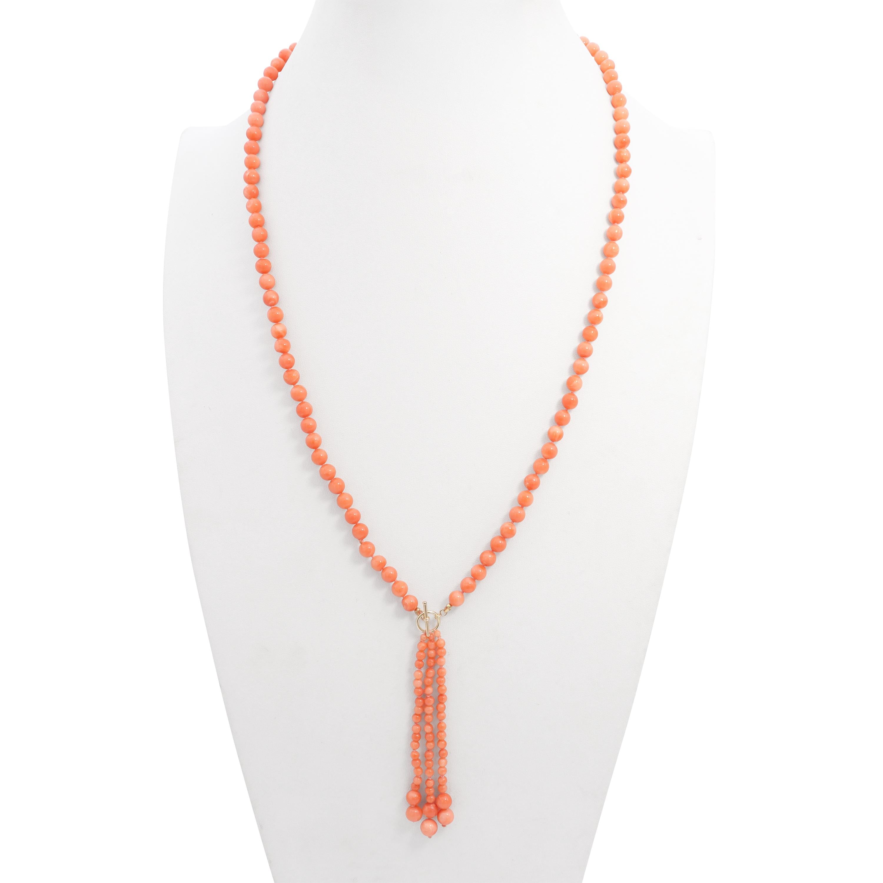 14k Yellow Gold Salmon Coral Beaded Tassel Necklace
