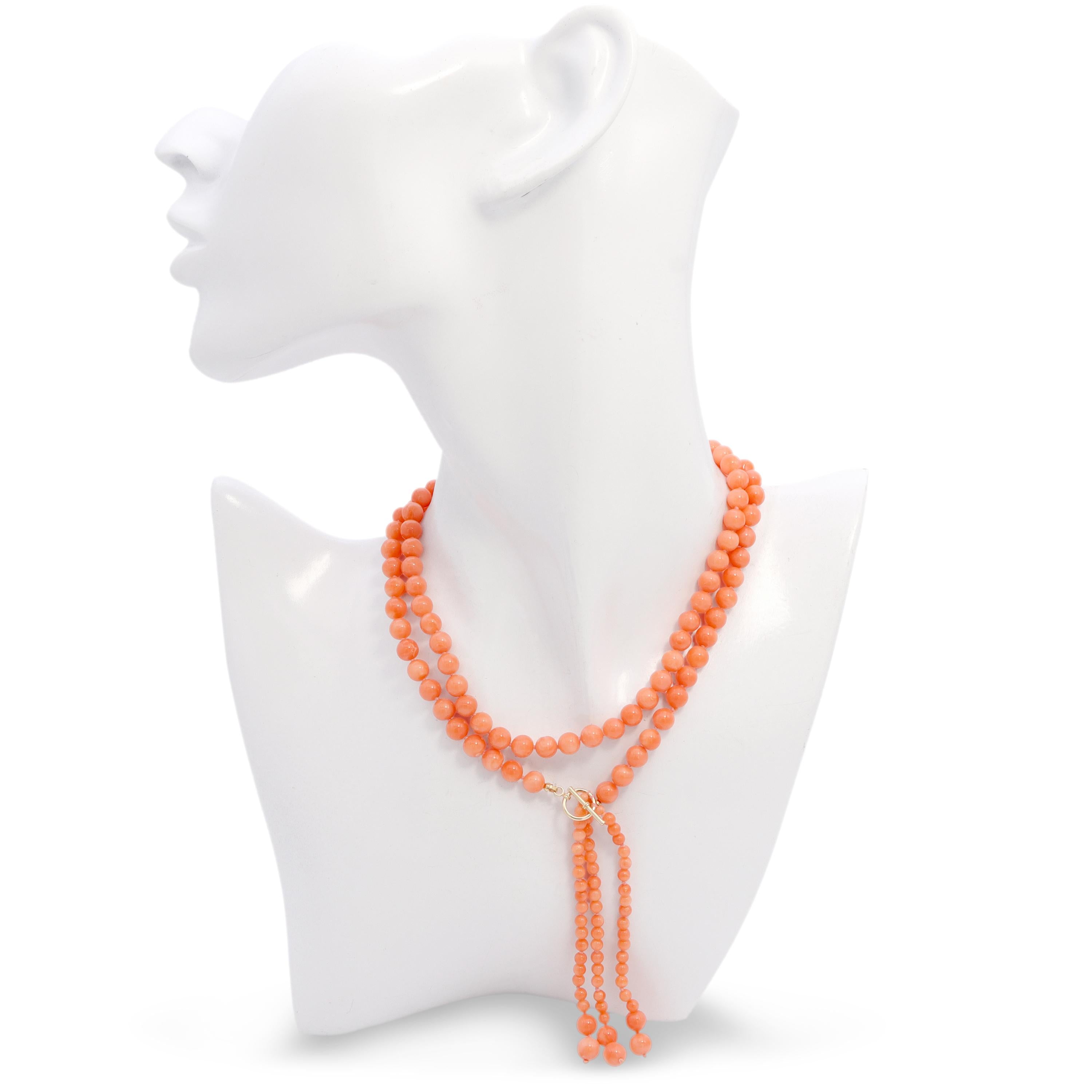 14k Yellow Gold Salmon Coral Beaded Tassel Necklace