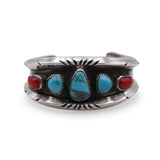 Vintage Navajo Sterling Silver Turquoise and Coral Cuff Bracelet