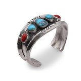 Vintage Navajo Sterling Silver Turquoise and Coral Cuff Bracelet