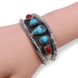 Vintage Navajo Sterling Silver Turquoise and Coral Cuff Bracelet
