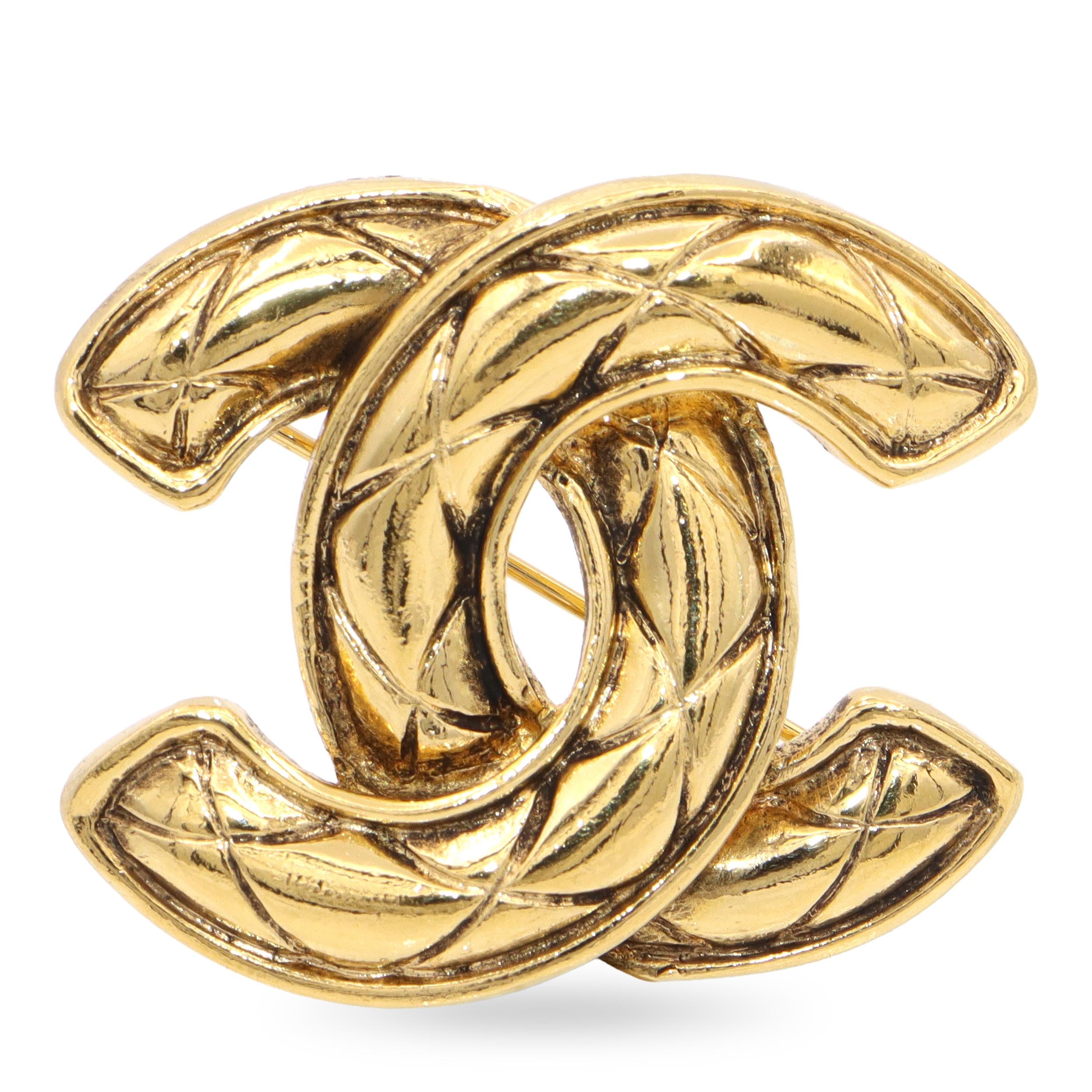 Vintage Chanel Gold Tone Quilted CC Logo Brooch Pin