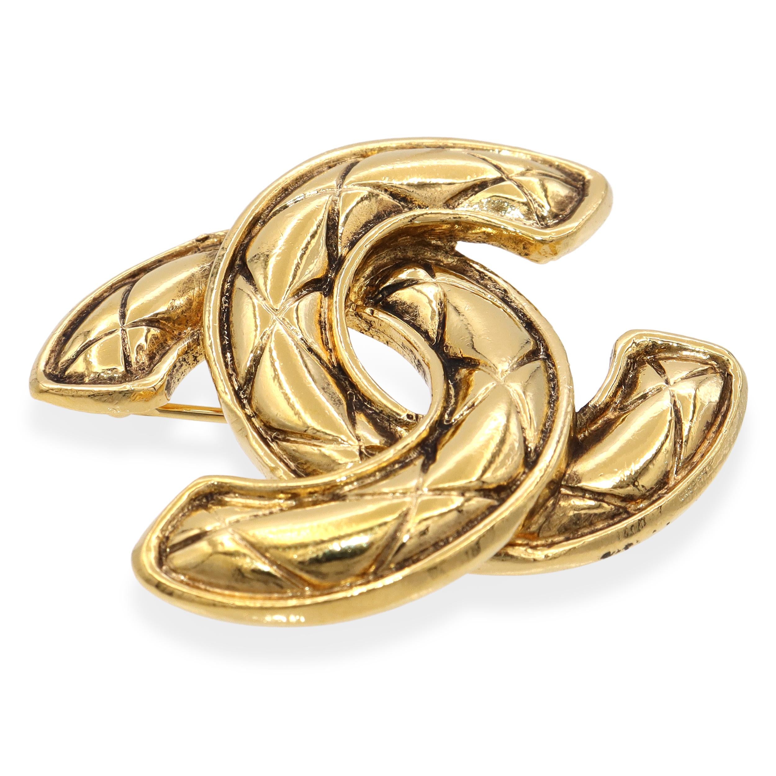 Vintage Chanel Gold Tone Quilted CC Logo Brooch Pin