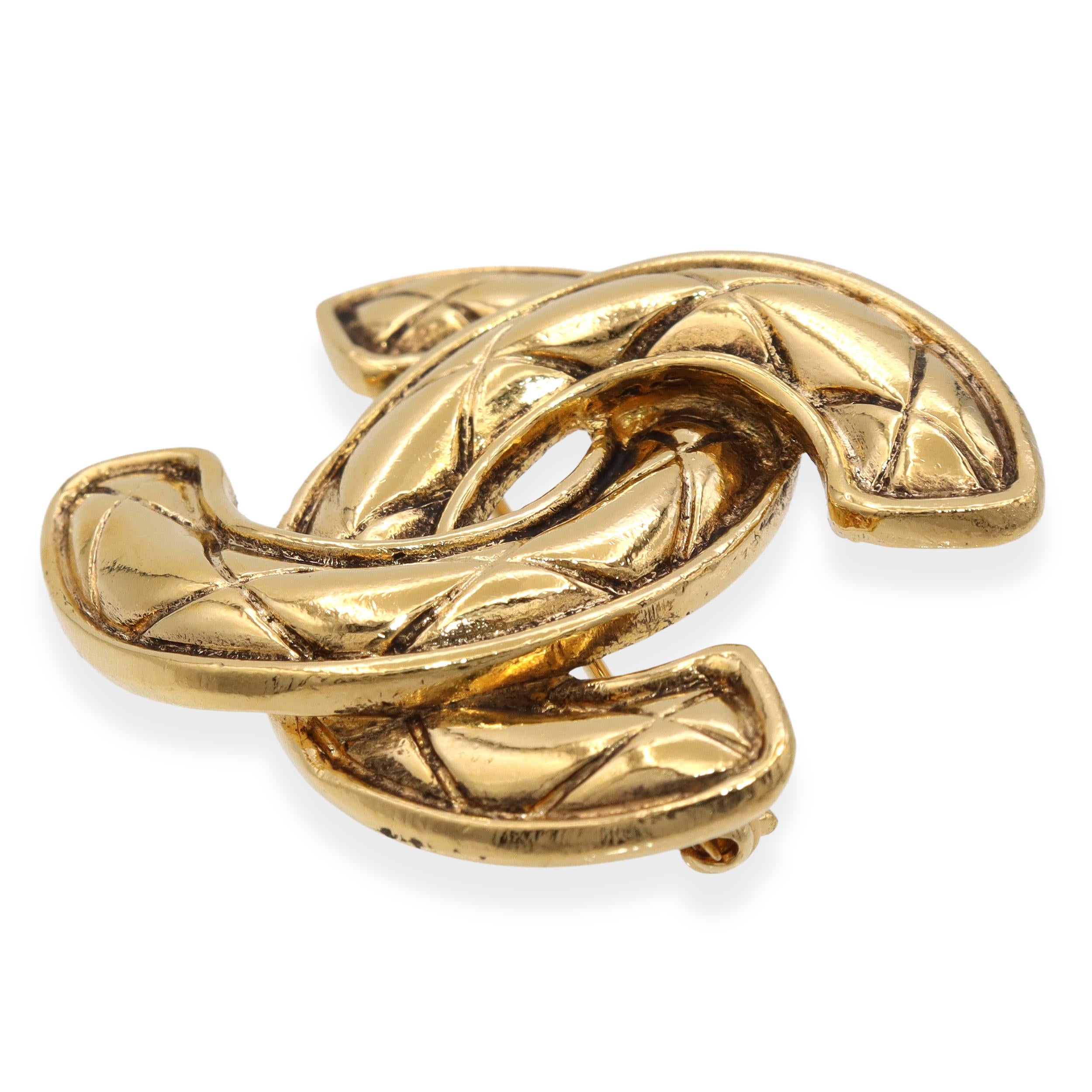 Vintage Chanel Gold Tone Quilted CC Logo Brooch Pin