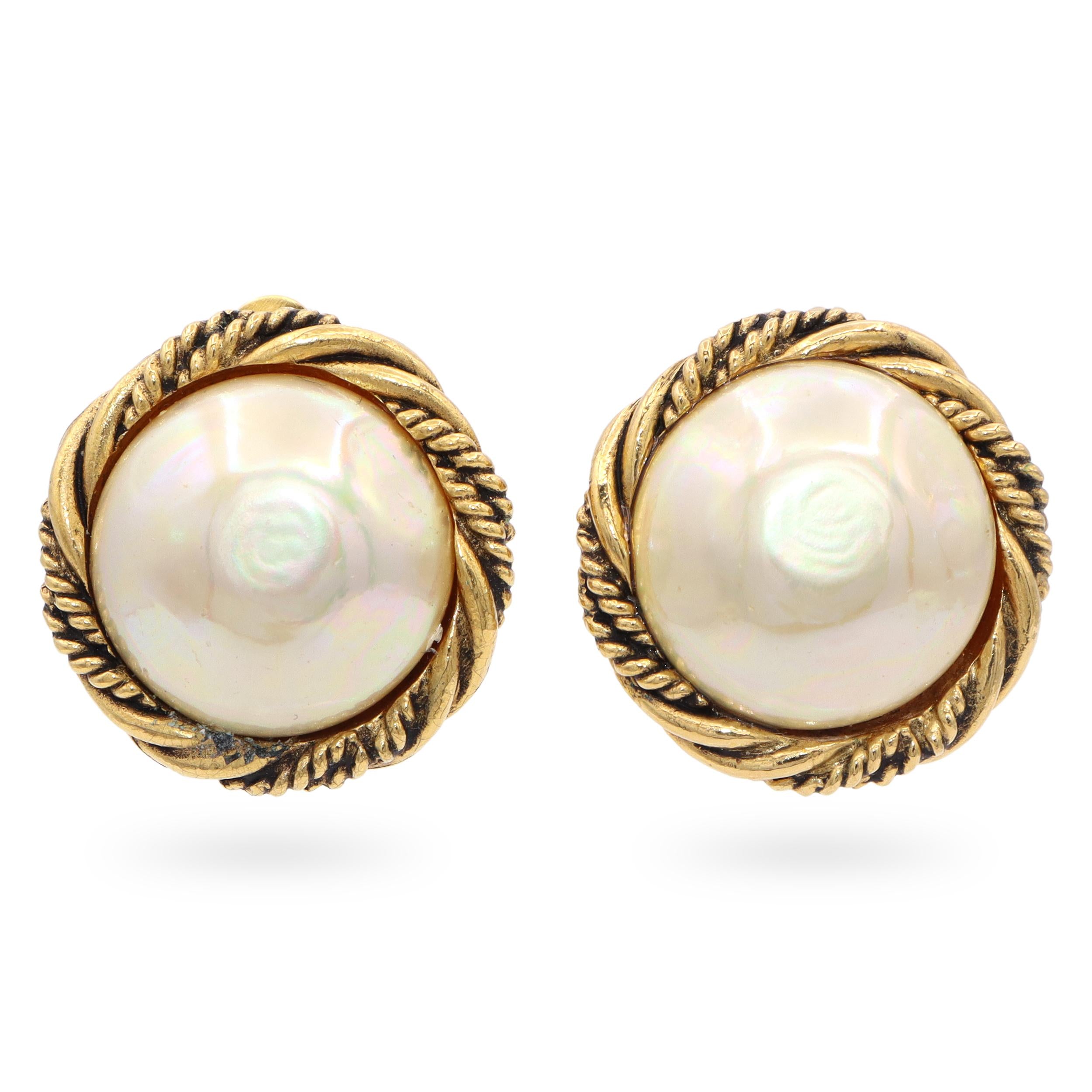 Vintage Chanel Faux Pearl Gold Tone Rope Clip-On Earrings
