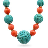 Vintage Chinese 14K Gold Coral and Carved Turquoise Bead Necklace