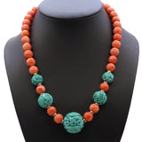 Vintage Chinese 14K Gold Coral and Carved Turquoise Bead Necklace
