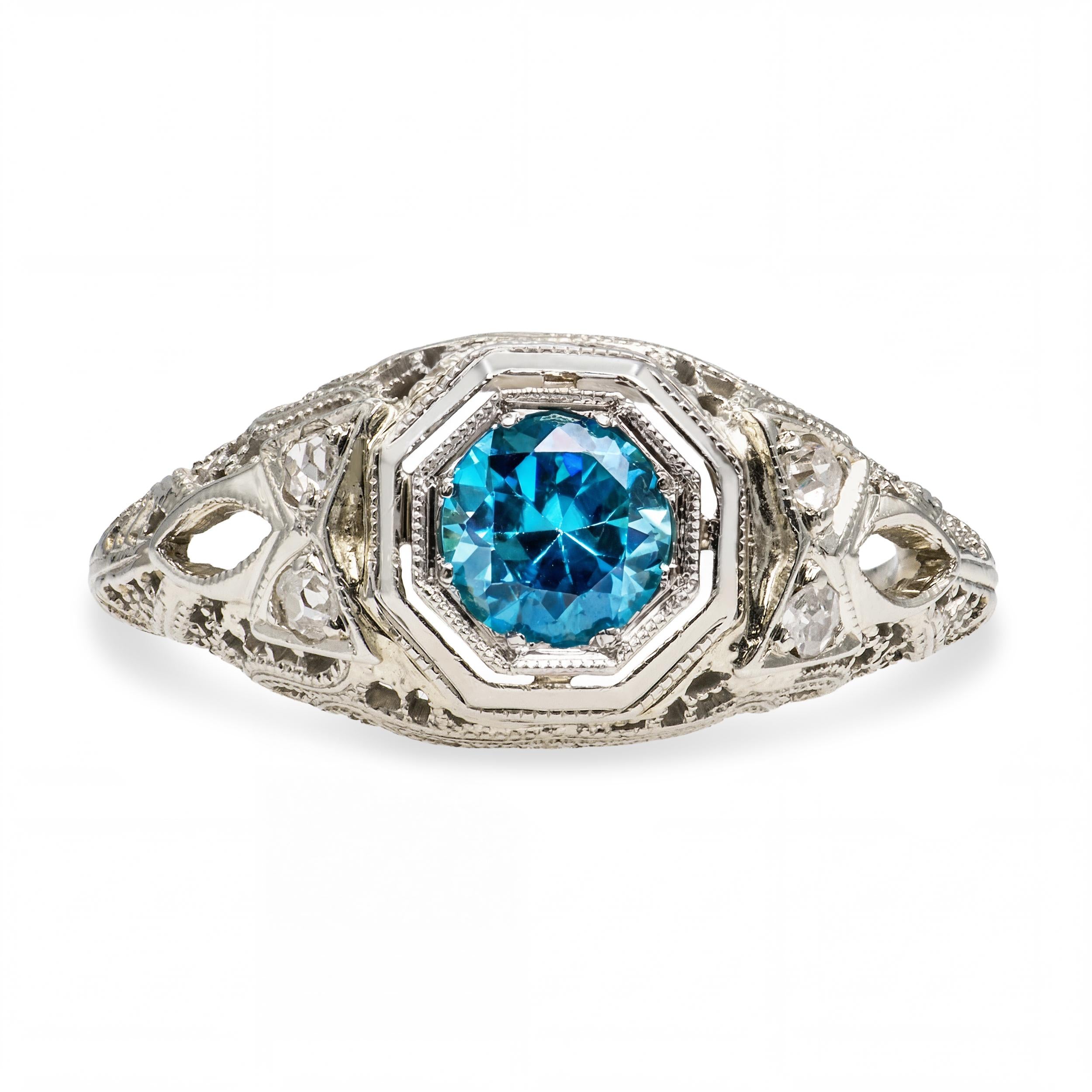 Antique Edwardian 18k White Gold Blue Zircon & Diamond Openwork Ring
