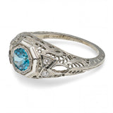 Antique Edwardian 18k White Gold Blue Zircon & Diamond Openwork Ring
