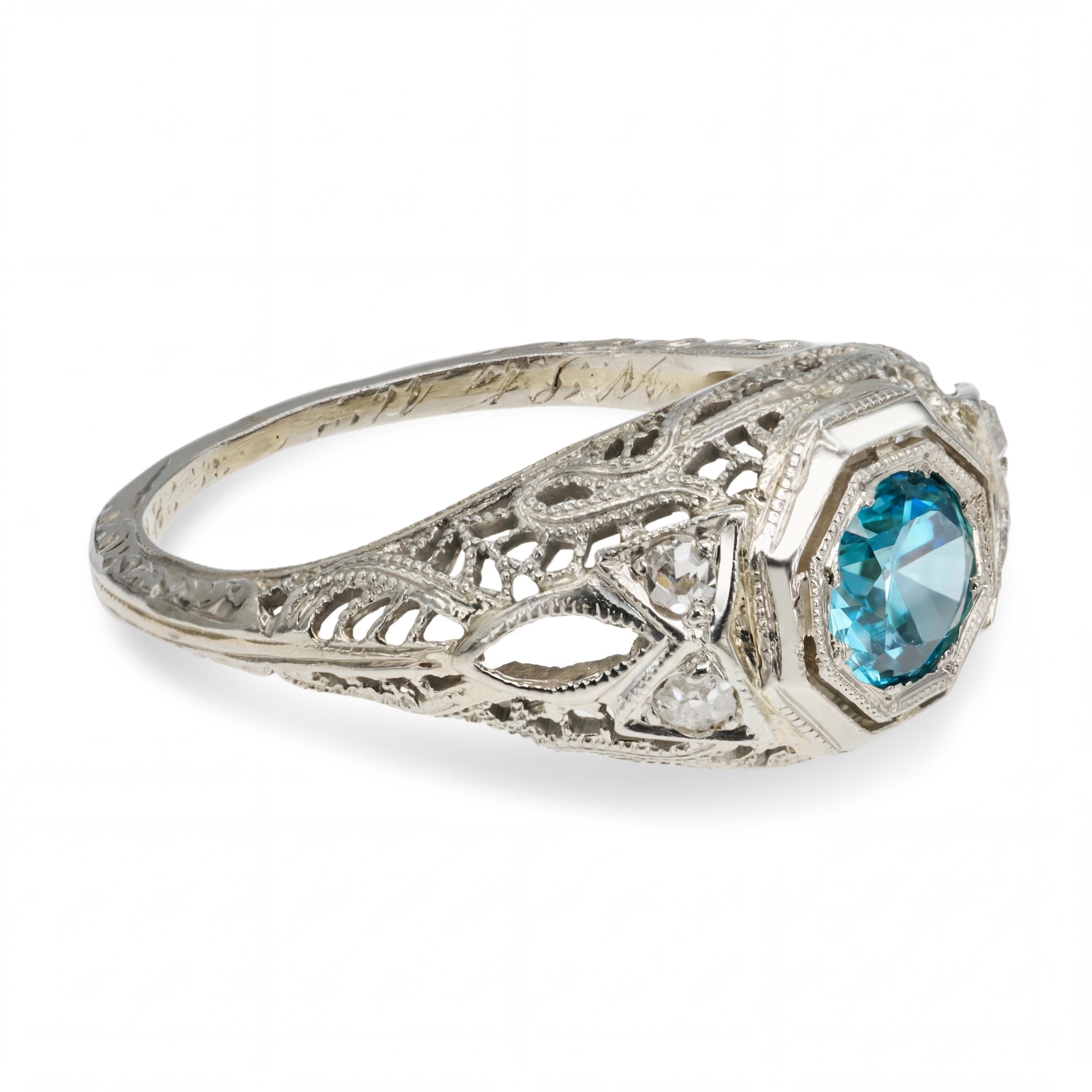 Antique Edwardian 18k White Gold Blue Zircon & Diamond Openwork Ring