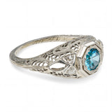 Antique Edwardian 18k White Gold Blue Zircon & Diamond Openwork Ring
