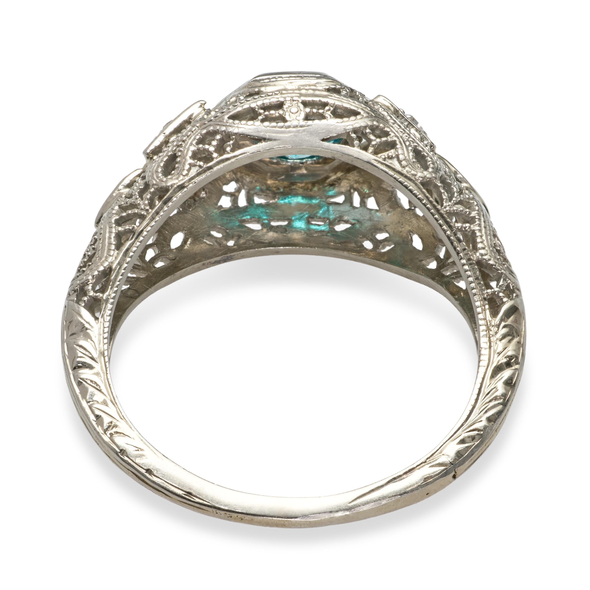 Antique Edwardian 18k White Gold Blue Zircon & Diamond Openwork Ring