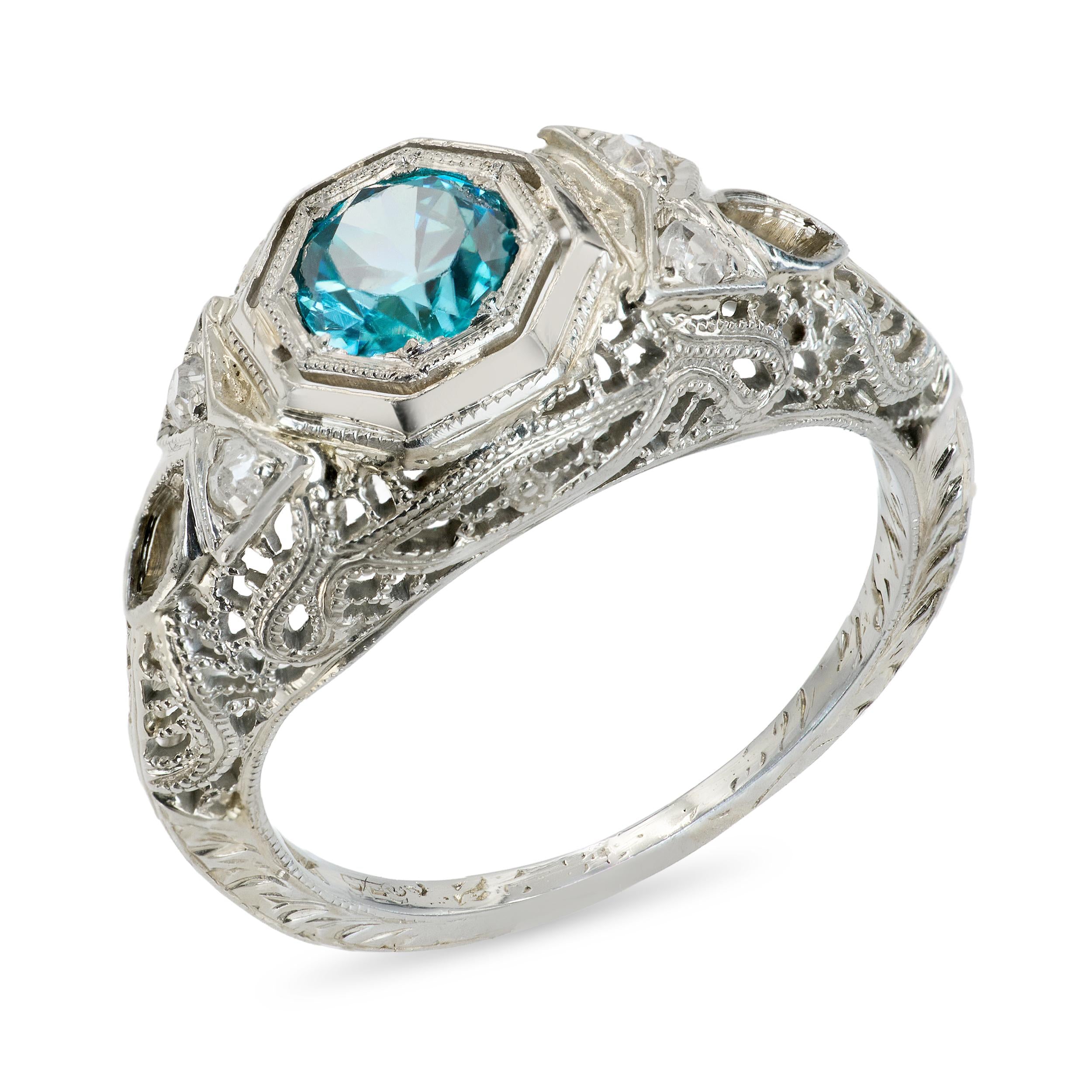 Antique Edwardian 18k White Gold Blue Zircon & Diamond Openwork Ring