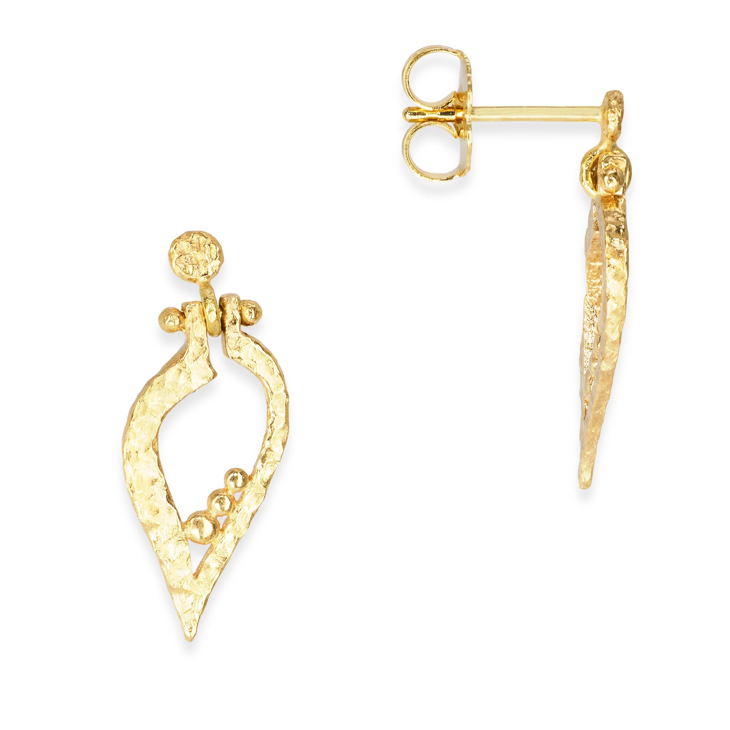 18k Yellow Gold Hammered Foliage Leaf Earrings