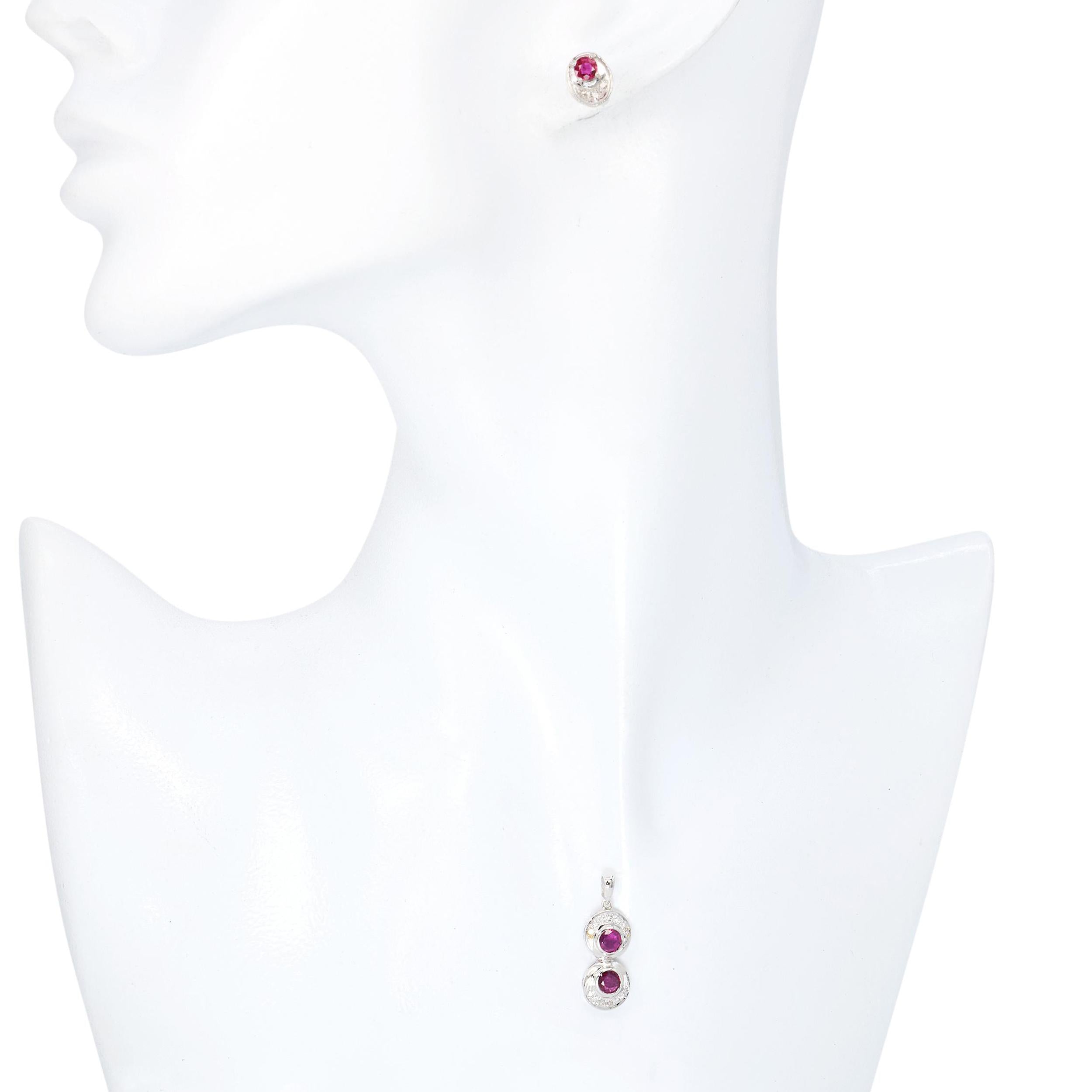 Vintage 14k White Gold Diamond and Ruby Earring and Pendant Set