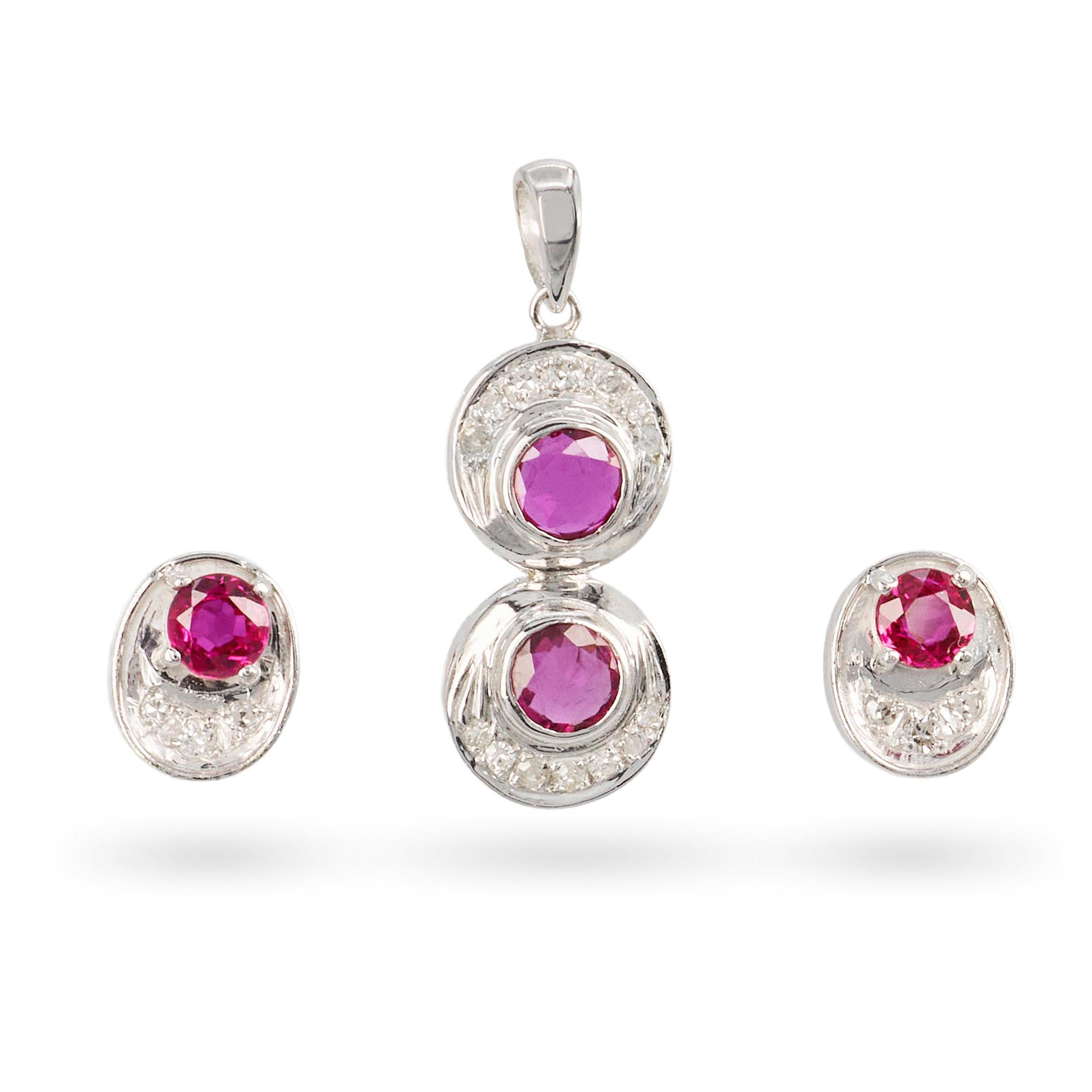 Vintage 14k White Gold Diamond and Ruby Earring and Pendant Set