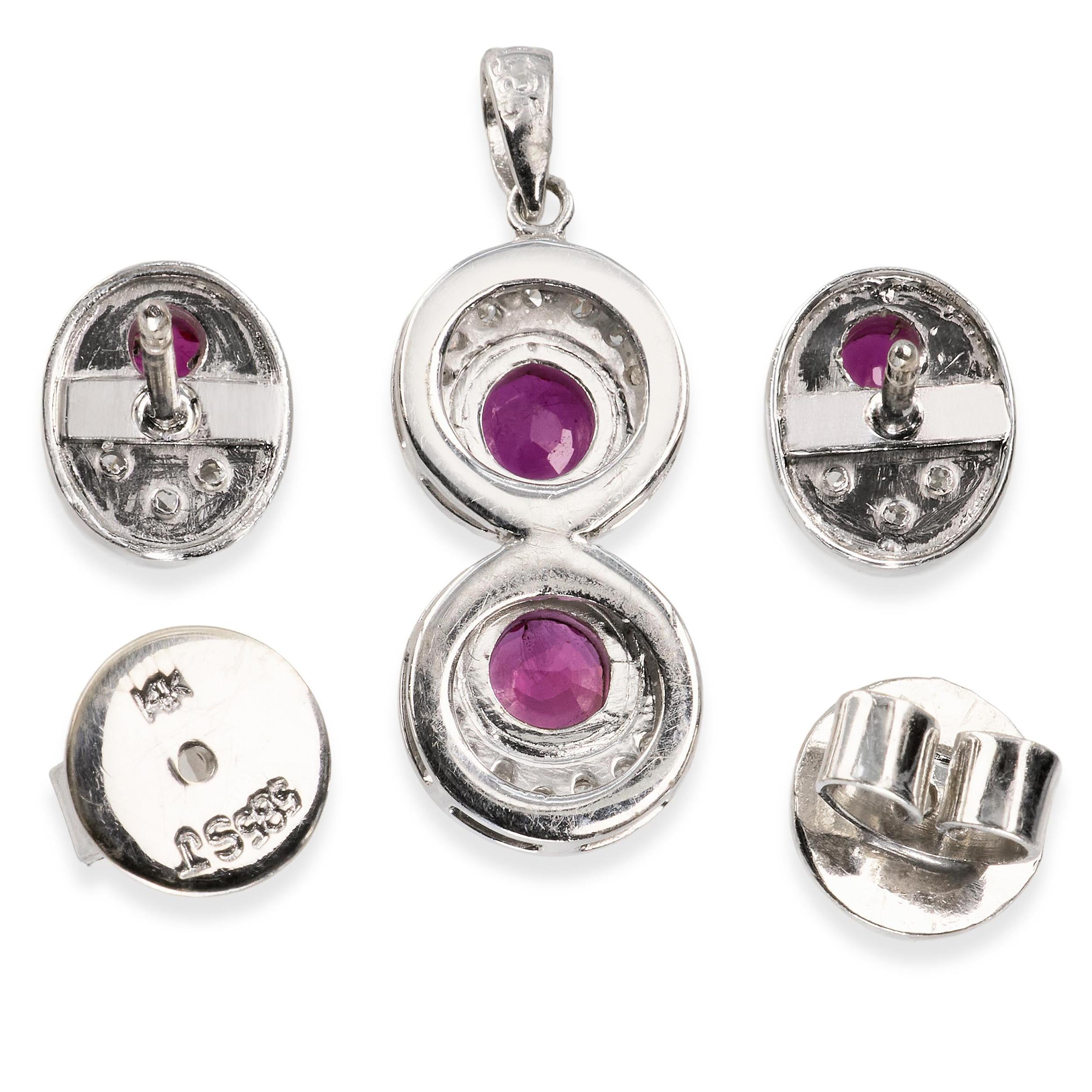 Vintage 14k White Gold Diamond and Ruby Earring and Pendant Set