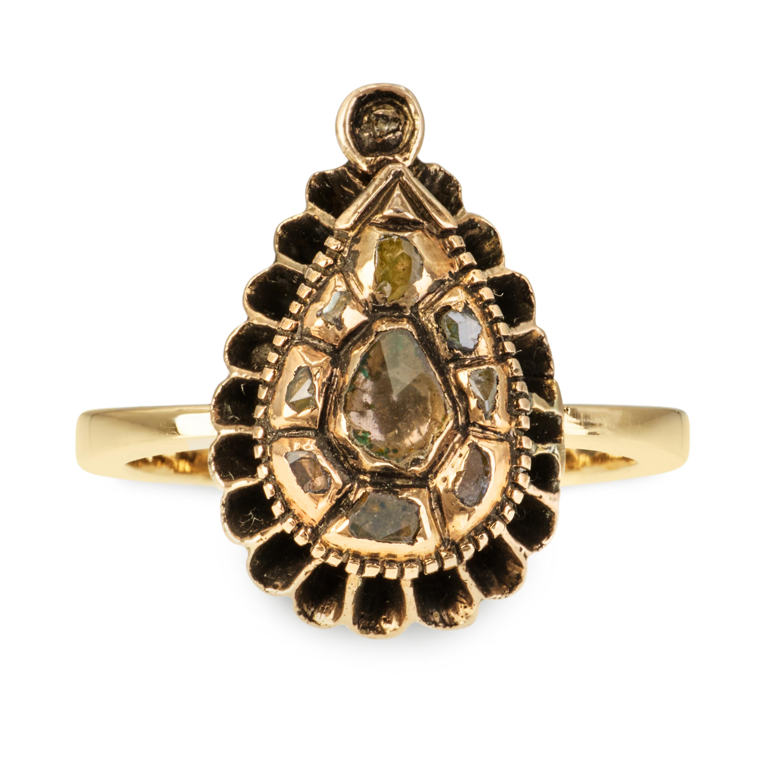 Antique 13k Yellow Gold Polki Cut Diamond Ring