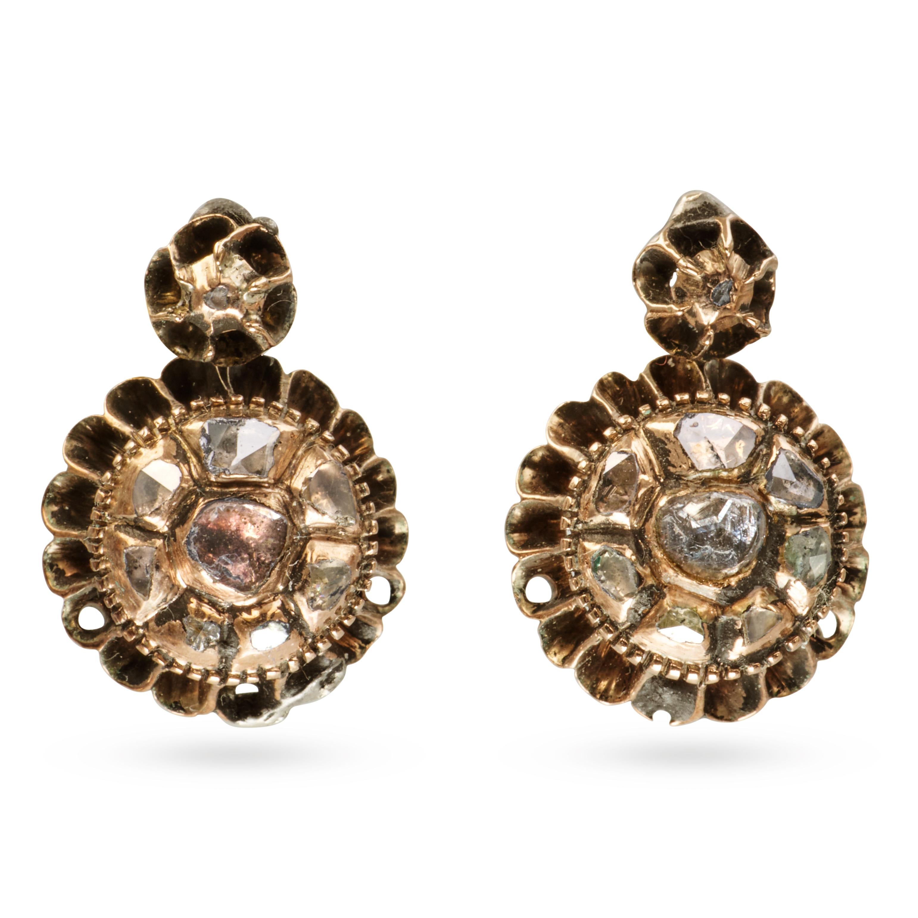 Antique 10k Yellow Gold and Silver Polki Cut Diamond Earrings